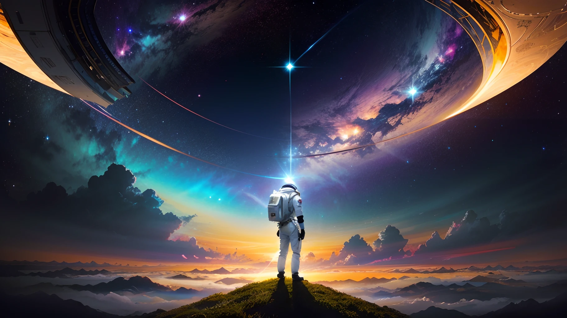 In the immeasurable vacuum of space, An astronaut hovers in suspension, sua figura envolta em um traje espacial reluzente, cujos reflexos prateados capturam os raios de sol dispersos. Through the visor of your helmet, a negritude profunda do cosmos se desenrola, dotted with shimmering constellations and spiral nebulae, in a dazzling display of cosmic color.
Em seu punho, He holds a Bible, whose weathered pages tell the story of an unshakable faith in a vast and mysterious universe. The printed letters seem to shine with a light of their own, unveiling a narrative of hope and redemption that transcends earthly boundaries. The striking contrast between the fragility of the book and the indomitable magnitude of the space echoes the duality of the human condition, enquanto o astronauta flutua, A lonely spot of humanity amidst the silent splendor of the cosmos.
Sunlight reflects off the golden edges of the pages, casting a soft glow that contrasts with the darkness of the surrounding space. The astronaut's posture is one of serene contemplation, his gaze turned beyond the stellar horizon, suggesting a deep search for answers and meaning in a vast ocean of cosmic mysteries. Em seu gesto delicado, The astronaut seems to symbolize the persistence of faith and spirituality, mesmo nos confins mais remotos do desconhecido.