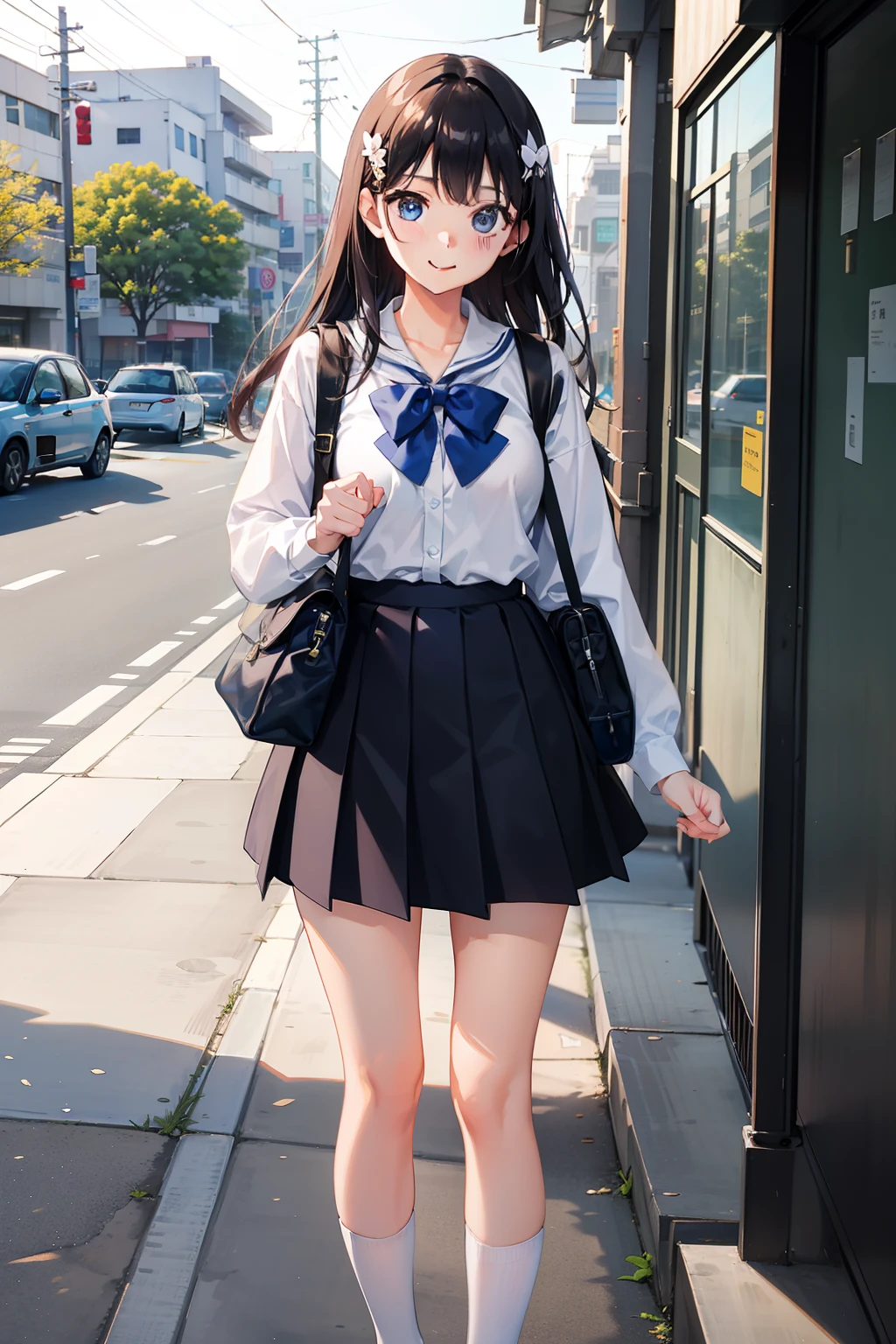 A gentle summer breeze,Energetic female students on campus standing in the sun wearing JK school uniforms。She wears a charming uniform,White shirt with dark blue cropped dress,The dress is also embellished with cute bows。Her slender legs wore knee-length socks,Wear yours with black sneakers。She was wearing a school uniform, though,But show their personality and unique charm。Her smile was bright and innocent,His eyes flashed with curiosity and yearning for the world。Holding a school bag in his hand,Cute accessories hang on it,Loaded with the school supplies she needed。Wherever you go,She exudes youth and vitality,This is the image of a female student who has attracted much attention and love on campus。Next to her was a 5--old l,The little as cute in her school uniform