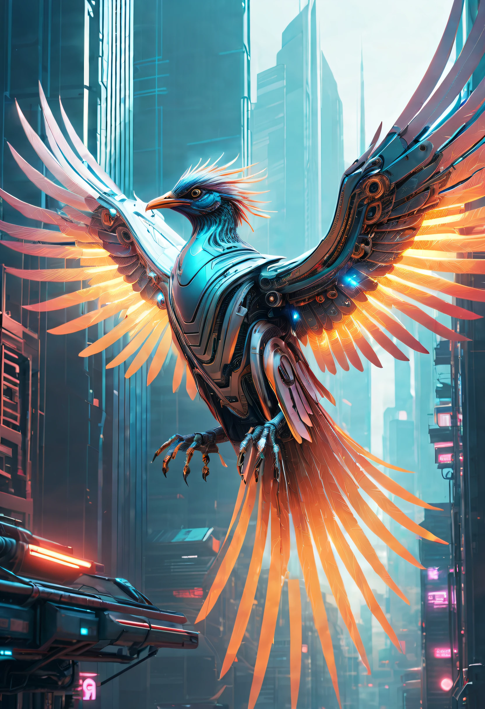 (Best quality,4K,8K,A high resolution,Masterpiece:1.2),Ultra-detailed,Realistic,Translucent ethereal mechanical phoenix,The futuristic king of birds,Mechanical wings,futuristic urban background,Beautiful sci-fi art, Science-fi digital art illustration, Digital cyberpunk art, science fiction digital painting, futuristic digital painting, futuristic concept art, in front of a sci fi cityscape, science fiction digital art, Advanced digital cyberpunk art, Fantastic cyberpunk bird