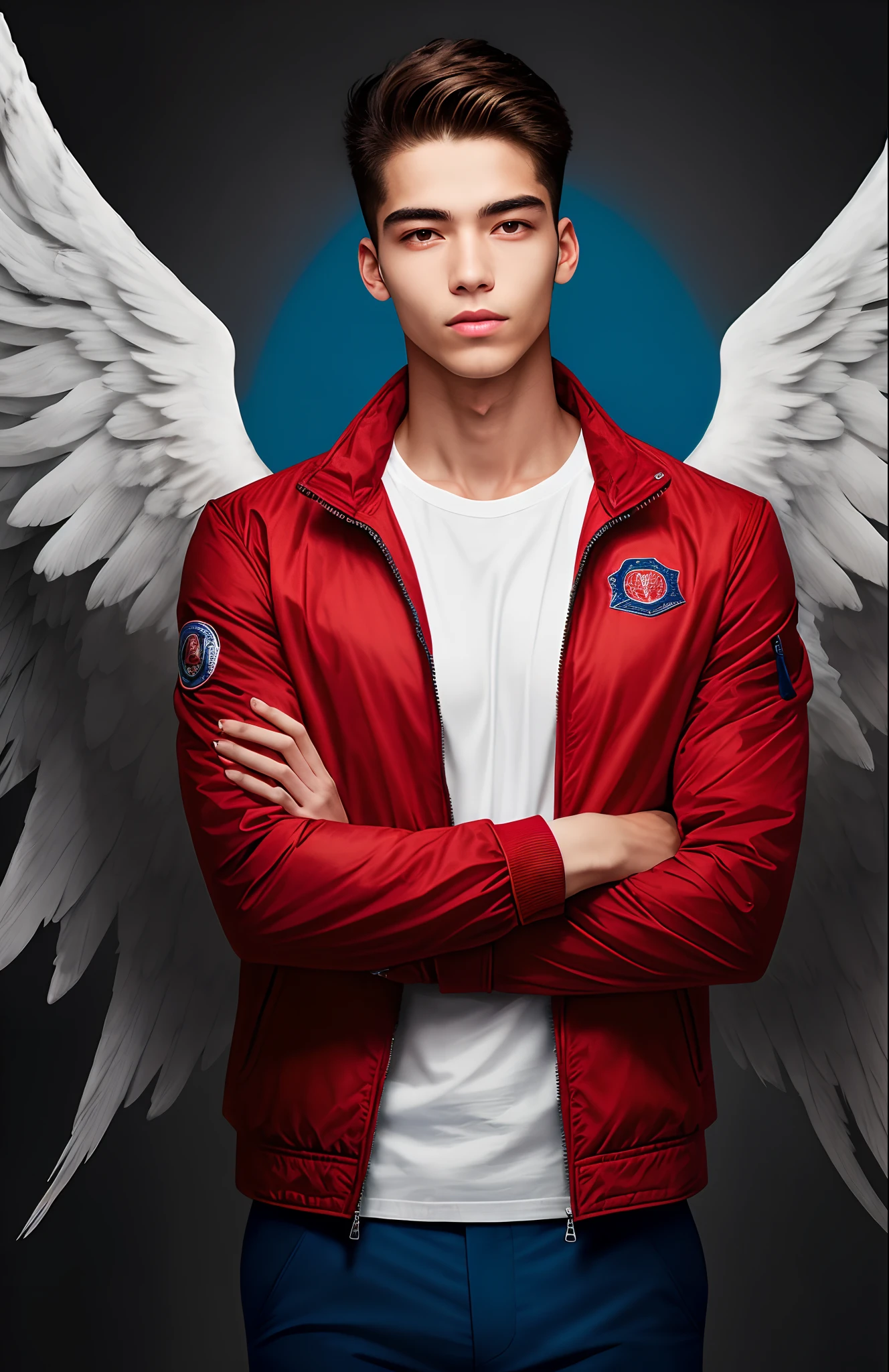 A young man of about 20 years of age, beautiful, with angel wings, wearing a red jacket and blue long pants, looking at the viewer with his arms crossed