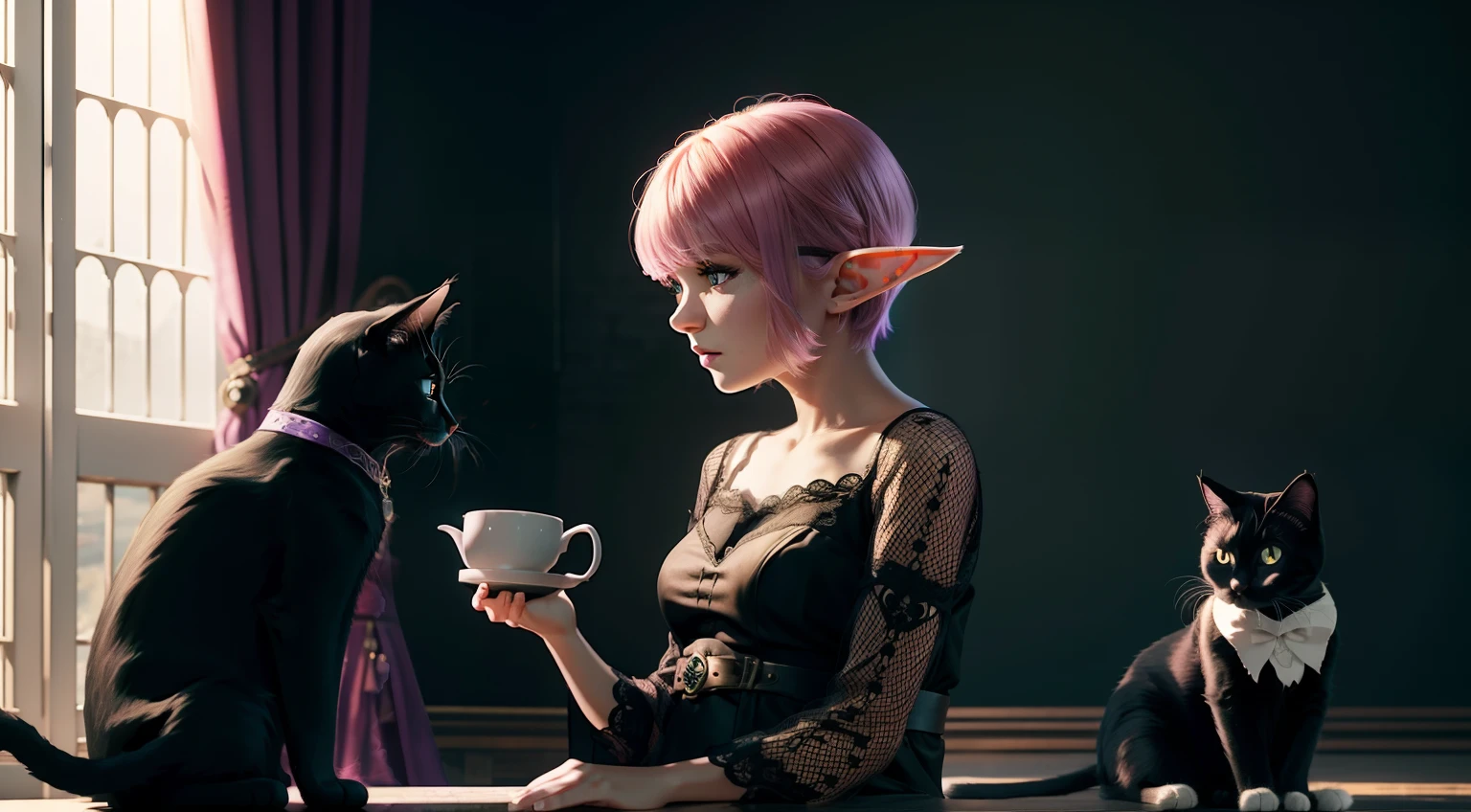 young woman elf and black cat, elf sitting, pink and violet short hair, black cat near on woman’s Schultern, neutral background, Masterpiece, Best Quality, (Highres) (original) , (very detailed wallpaper) , very, hard shadows, Cinematic shot, dramatic lighting