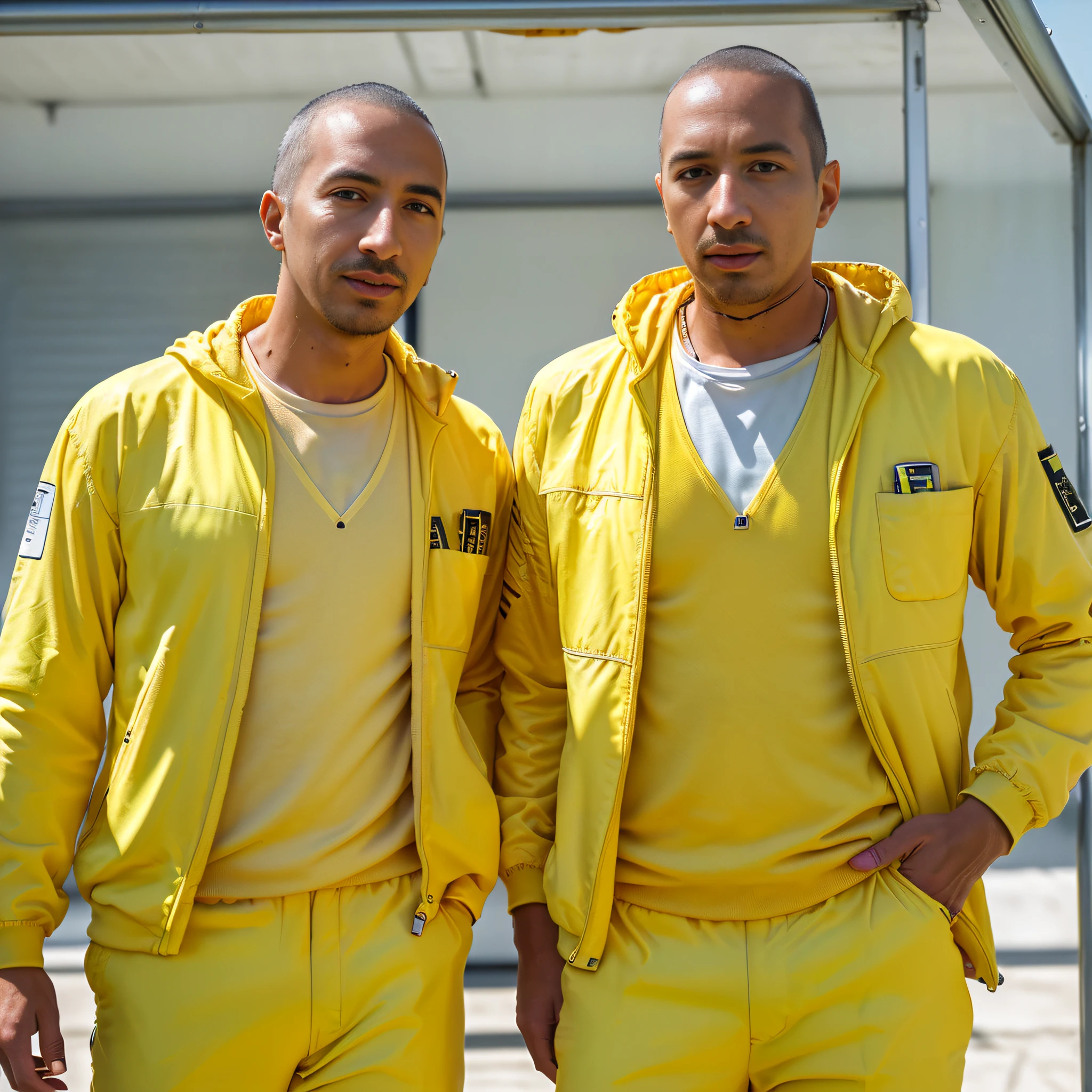 (2 men in yellow suits), (((jude bellingham and david trezeguet))), (breaking bad), ((meth lab)), ((top quality, 8k, masterpiece: 1.3)), Highly Detailed Face and Skin Texture, (looking at the camera), SLR lighting, SLR camera, ultra-quality), film grain (center), Fujifilm XT3, crystal clear, frame center,