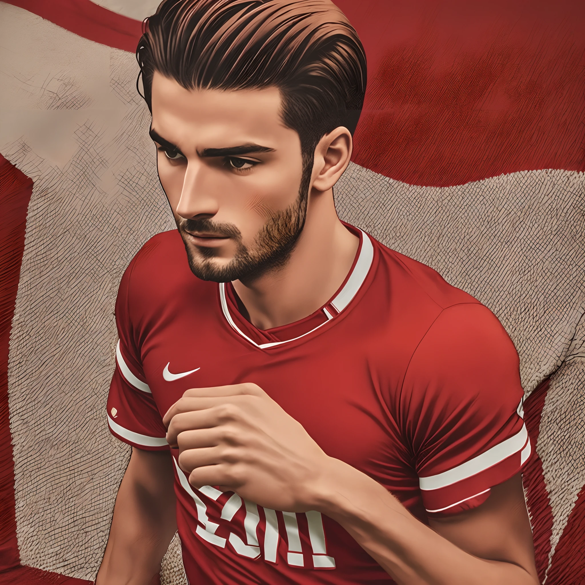 closeUp (red vintage football shirt with cord), no face , only torse, christmas sutil detail cord, (masculin normal torse), (sport clothe), (top quality, detailed details, masterpiece, film lighting effects, 4K) red vintage football shirt --auto --s2