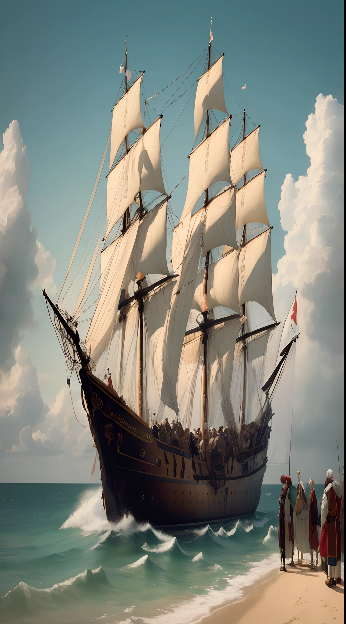 Generate an image of Christopher Columbus and his crew preparing to embark on their historic voyage. This image should be shown as the narrator introduces Columbus's departure from Spain in 1492.