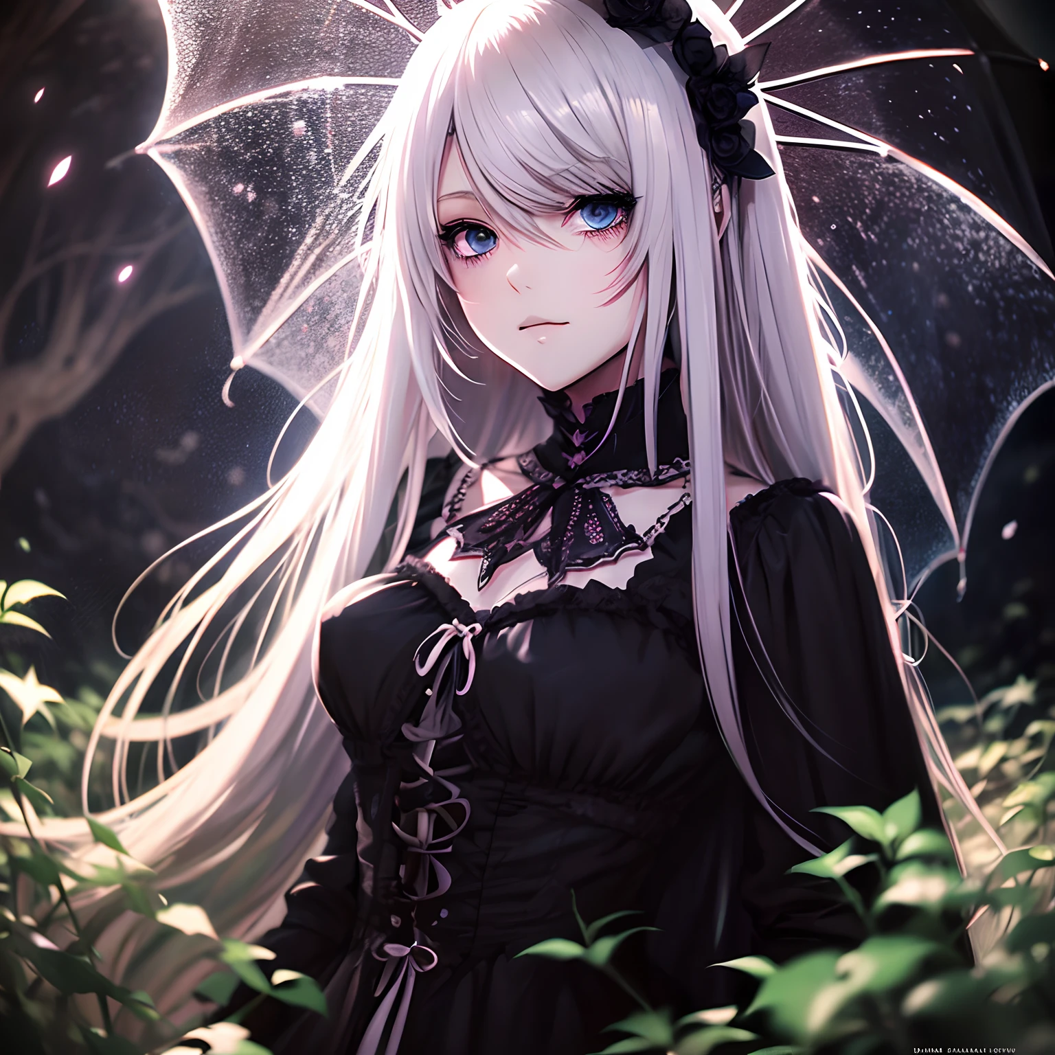 elaina_\(Nice_No_tabitabi\), masterfully, masutepiece, 1girl in, Looking at Viewer, Feminine, Beautiful, 4K, Grey Hair, kawaii, Moonlight flower garden in background, Smile, Wearing a black top hat, Wearing Ivy Style, Long gray hair woman holding umbrella, Gothic Maiden anime girl, beautiful anime art, portrait of Lolita, beautiful anime artwork, umbrellas, victorian gothic lolita fashion, Black miniscardless anime girl, thighs thighs thighs thighs,Silver Long Hair,pinterest anime, clean detailed anime art, parasol, Lolita style, Lolita Fashion, digital art on pixiv （tmasterpiece，best qualtiy）, 独奏, anime skull portrait woman，beautiful girl necromancer, flowing white hair，red eyes，paleskin，Black blood and tears，Not wearing underwear，Gothic Girl Anime Characters，gothic fantasy art, dark moody lighting，with light glowing，mistic，Magical，edge lit