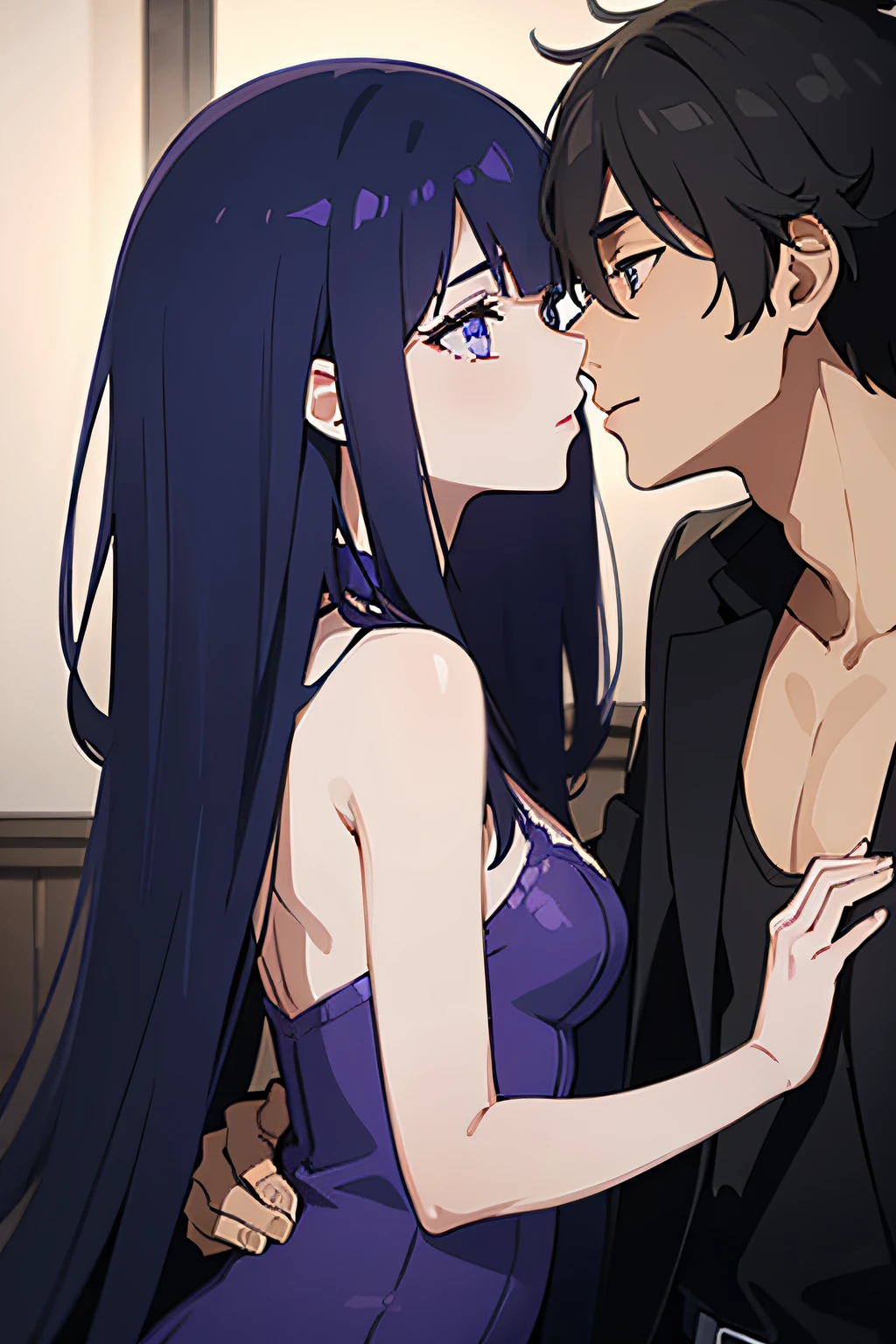 1woman and 1 man. woman has long dark blue hair and blue eyes, small chest. man has a dark purple hair and purple eyes. deep kissing, adult content,