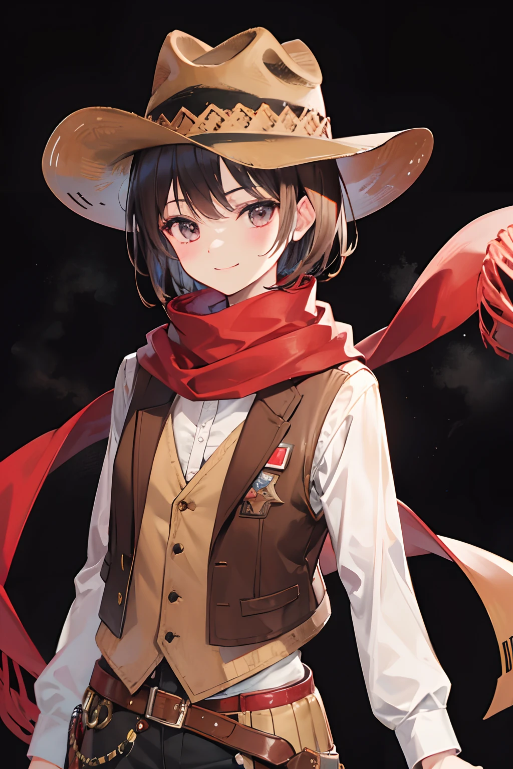 western, cowboy, ten gallon hat, sheriff, brown jacket, short hair, The upper part of the body, smile, ID photo, Black background only, vest, red scarf