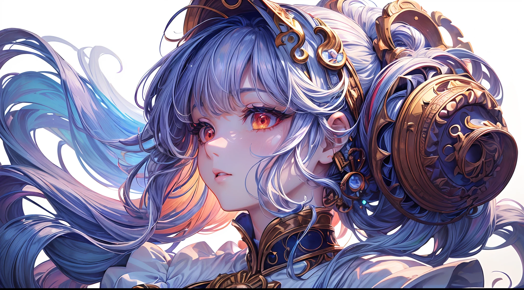(Masterpiece, Best Quality, Detailed, Beautiful:1.2), (Perfect Sketch, detailed clothes, A detailed eye), Krenz Kchart Style, Alphonse Mucha's style, (1girl), 独奏, (looking to his left), Dressed as a Norse goddess, (Portrait, shot from the side), Lots of colors in the frame, ((tmasterpiece)), (((beste-Qualit))), ((ultradetailed)), ((illustartion)),[The light effect of realism], eye shadow,(fantasy style),(whitebackground:1.6), Simple background, illustartion, 1 girl, sly look, Majestic view (multi-colored hair, Hair gradient, Hair color from blue to peach, without bangs, ((Side bangs)), curly curl on the cheek, hairstyle: high ponytail, long tail), The eyes are crimson-red, Environment change scene, (The hair is surrounded by the bursts of the galaxy),))):((Her hair turns into galactic clouds,:1.27628), The Moon in the Night, Stars, wide eyes, Lashes, side glance, Crystal hair, Glowing Hair, shirt with collar, galaxy, Additional lighting, luna, bright stars, multicolored galaxy