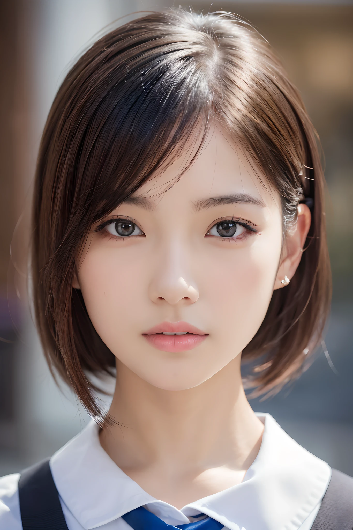 (masutepiece:1.3), (8K, Photorealistic, Raw photo, Best Quality: 1.4), Japanese, (1girl in), Beautiful face, (Realistic face), (Black hair), Beautiful hairstyle, Realistic eyes, Beautiful detailed eyes, (Realistic skin), Beautiful skin, Attractive, 超A high resolution, A hyper-realistic, Highly detailed, Golden ratio,School uniform.