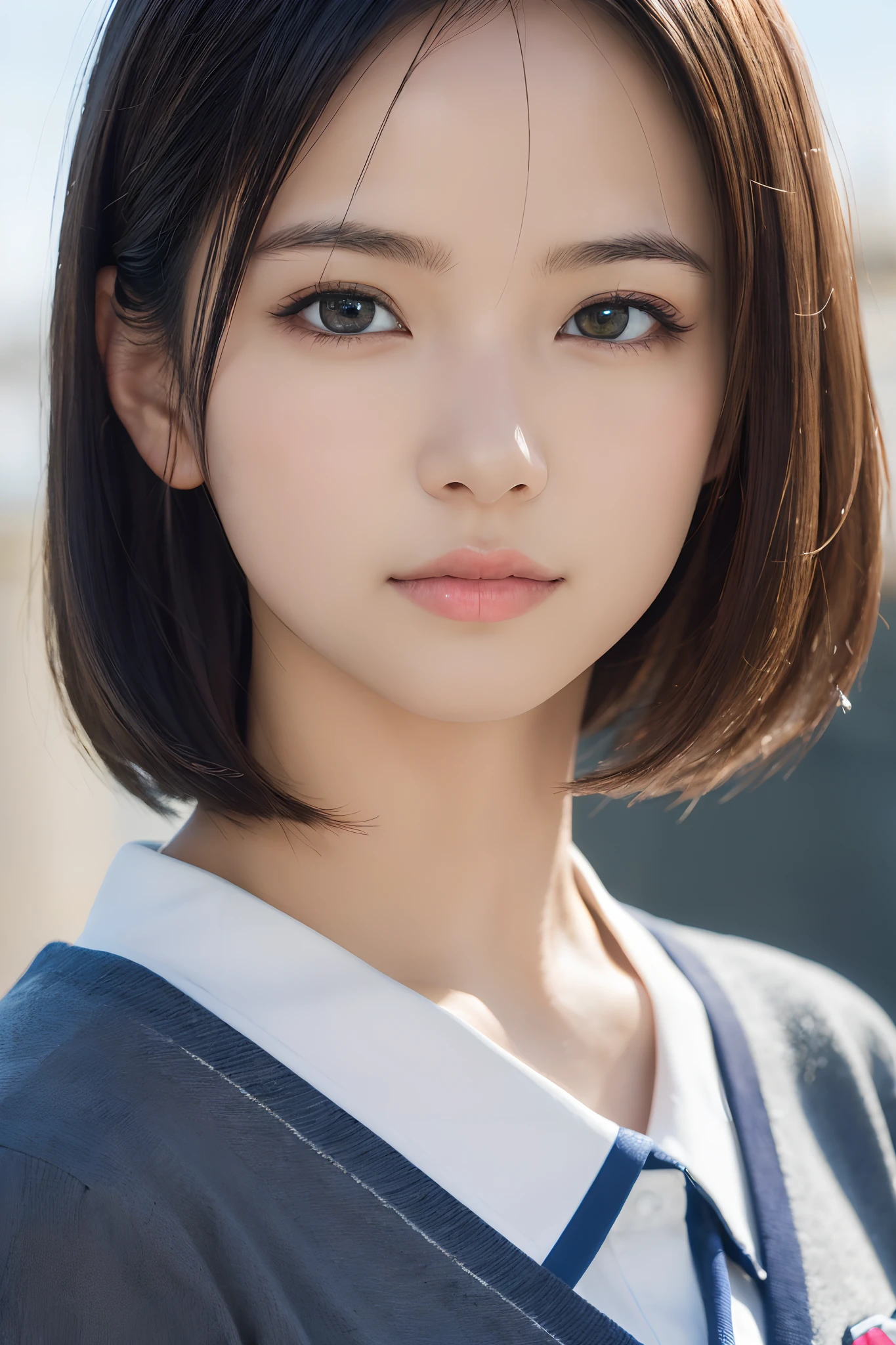 (masutepiece:1.3), (8K, Photorealistic, Raw photo, Best Quality: 1.4), Japanese, (1girl in), Beautiful face, (Realistic face), (Black hair), Beautiful hairstyle, Realistic eyes, Beautiful detailed eyes, (Realistic skin), Beautiful skin, Attractive, 超A high resolution, A hyper-realistic, Highly detailed, Golden ratio,School uniform.