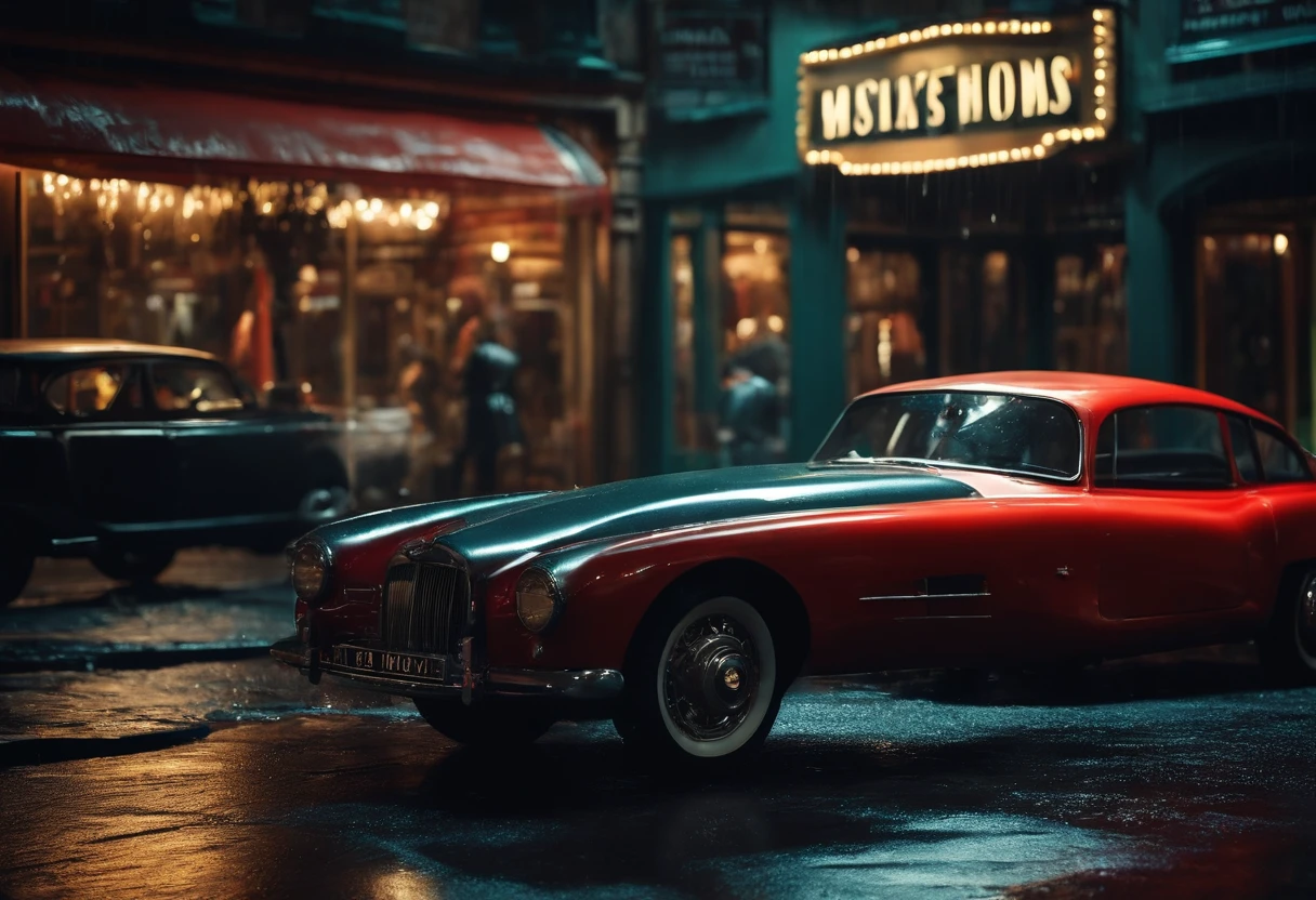 Calle de Londres noche, (acabado realista), (Film Style Film Noir), A robot is looking at a car parts shop window, In the background we see more robots, it's raining,