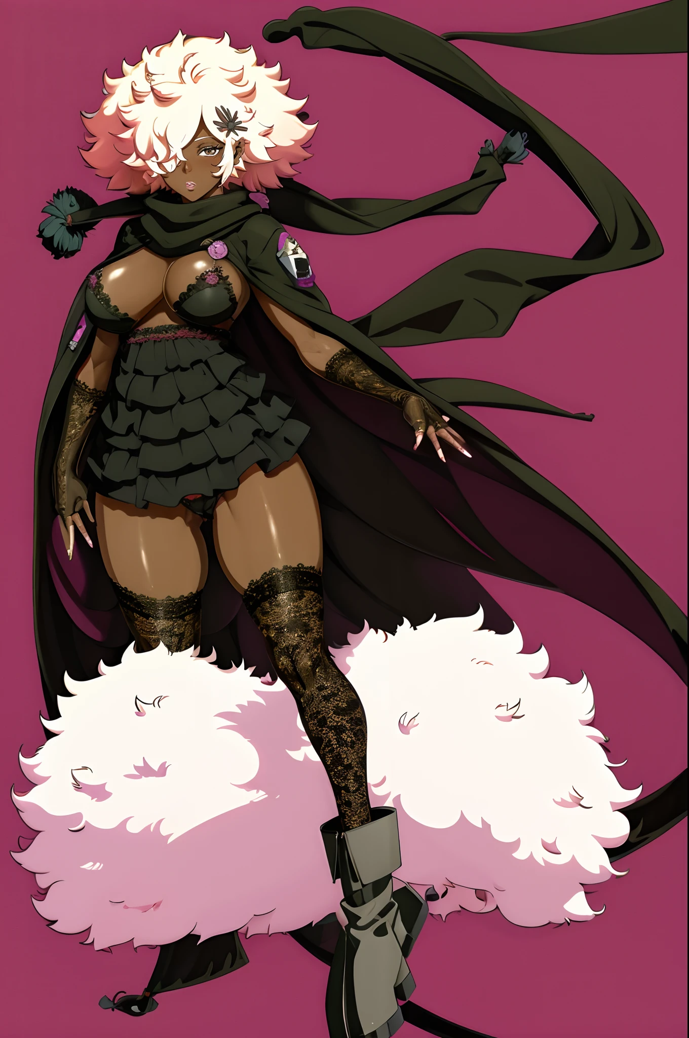 masterpiece, highres, best quality, 1girl, solo, shinobu jacobs, white hair, (big hair, messy hair, afro:1.2), hair over one eye, thick eyelashes, dark skin, looking at viewer, large breasts, black dress, NMH2, lace, fingerless gloves, scarf,bimbo, huge breast, curvy, full body, pants, cloak,, boots, pullover, robe
