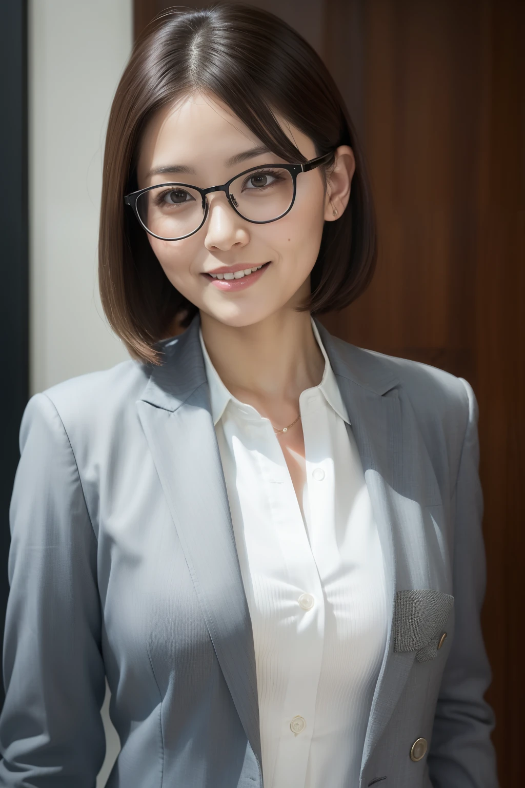 masutepiece, Photorealsitic, Best Quality, intricate and delicate, 8k wallpaper, top-quality, ​masterpiece, realisitic, ultra-detailliert, 1人の女性, (1), Beautiful woman at 40 years old, (Facing the front), bilaterally symmetrical, (Look at viewers), Dynamic lighting, (Middle shot), Gray blazer, white  shirt, (Smile), (Open mouth), ((Looking at Viewer)), metal frame glasses, beautiful hairl