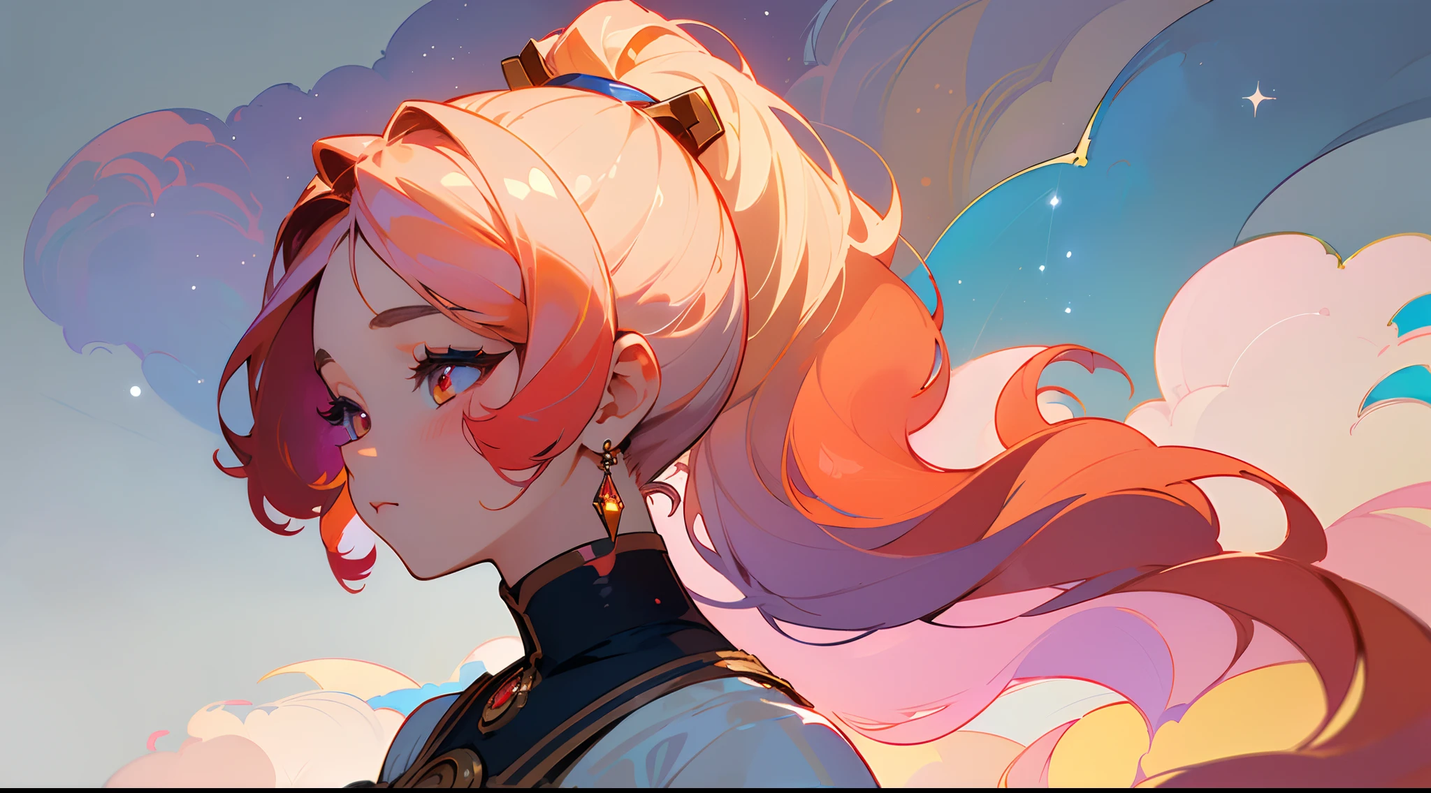 (Masterpiece, Best Quality, Detailed, Beautiful:1.2), (Perfect Sketch, detailed clothes, A detailed eye), Krenz Kchart Style, Alphonse Mucha's style, (1girl), 独奏, (looking to his left), Dressed as a Norse goddess, (Portrait, shot from the side), Lots of colors in the frame, ((tmasterpiece)), (((beste-Qualit))), ((ultradetailed)), ((illustartion)),[The light effect of realism], eye shadow,(fantasy style),(whitebackground:1.6), Simple background, illustartion, 1 girl, sly look, Majestic view (multi-colored hair, Hair gradient, Hair color from blue to peach, without bangs, ((Side bangs)), curly curl on the cheek, hairstyle: high ponytail, long tail), The eyes are crimson-red, Environment change scene, (The hair is surrounded by the bursts of the galaxy),))):((Her hair turns into galactic clouds,:1.27628), The Moon in the Night, Stars, wide eyes, Lashes, side glance, Crystal hair, Glowing Hair, shirt with collar, galaxy, Additional lighting, luna, bright stars, multicolored galaxy