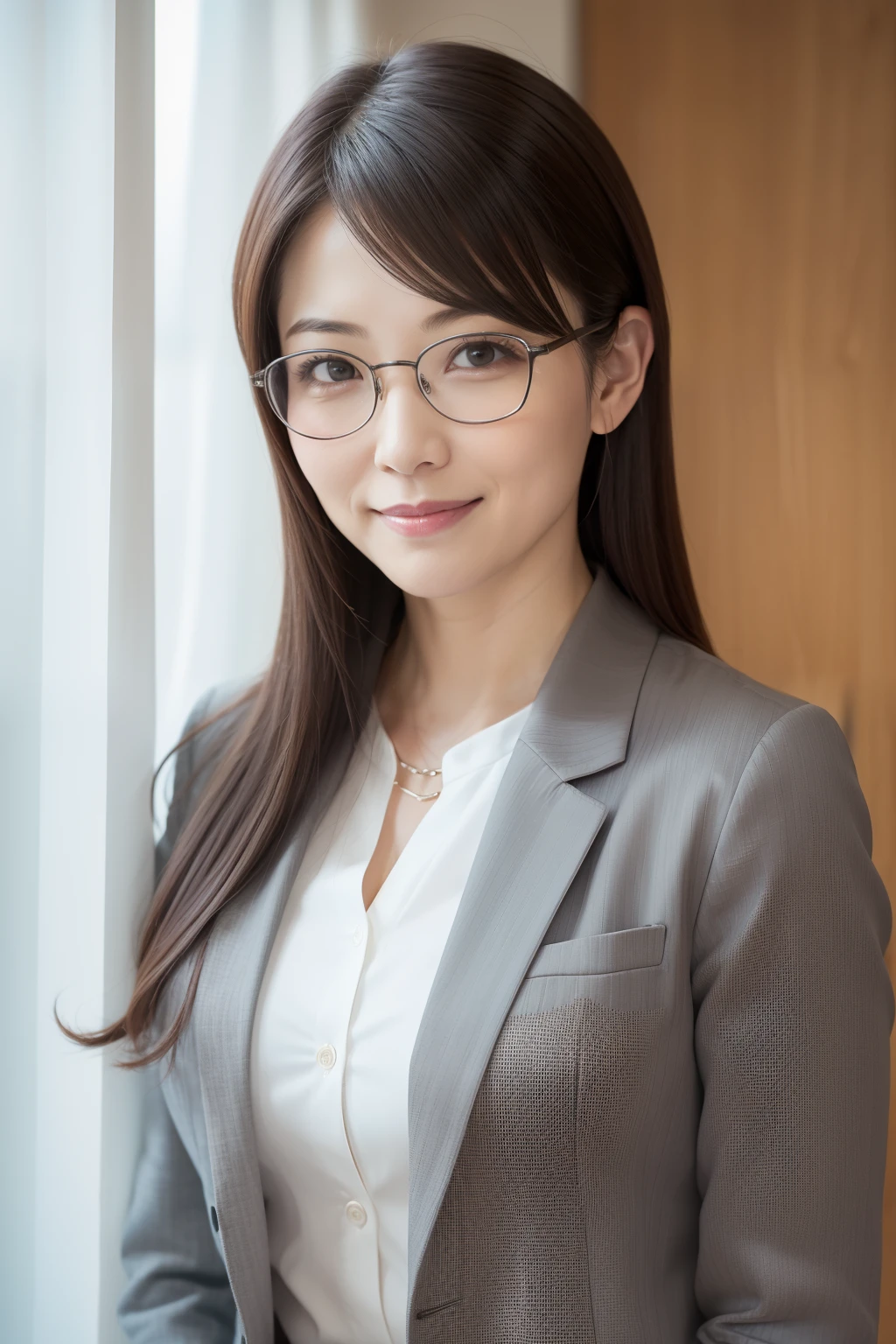 masutepiece, Photorealsitic, Best Quality, intricate and delicate, 8k wallpaper, top-quality, masterpiece, realisitic, ultra-detailliert, 1人の女性, (1), Beautiful woman at 40 years old, (Facing the front), bilaterally symmetrical, (Look at viewers), Dynamic lighting, (Middle shot), Gray blazer, white shirt, (Smile), (Open mouth), ((Looking at Viewer)), metal frame glasses, beautiful hairl