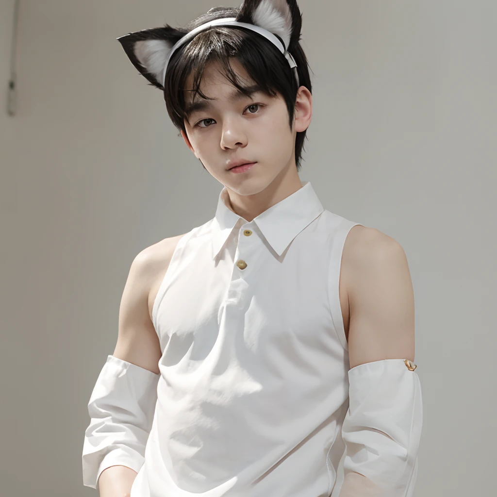 1boy, _boy, cute, baby_fachite_, absurdres, animal_ears, black_hair, detached_sleeves, distr, facial_mark, cat_ears, cute_korean, white_skin, pale_skin, pure_white_skin,cute_face, cute_boy, korean_boy white_pale_skin, minipant, brown_eyes, small_lips, solo, standing, tail, full_body, perfect_face