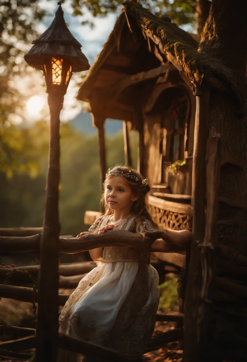 a beauty girl,((8-year-old little girl)),Fantasia,((elvish,Traditional costumes)),(City in the forest,Tree House)