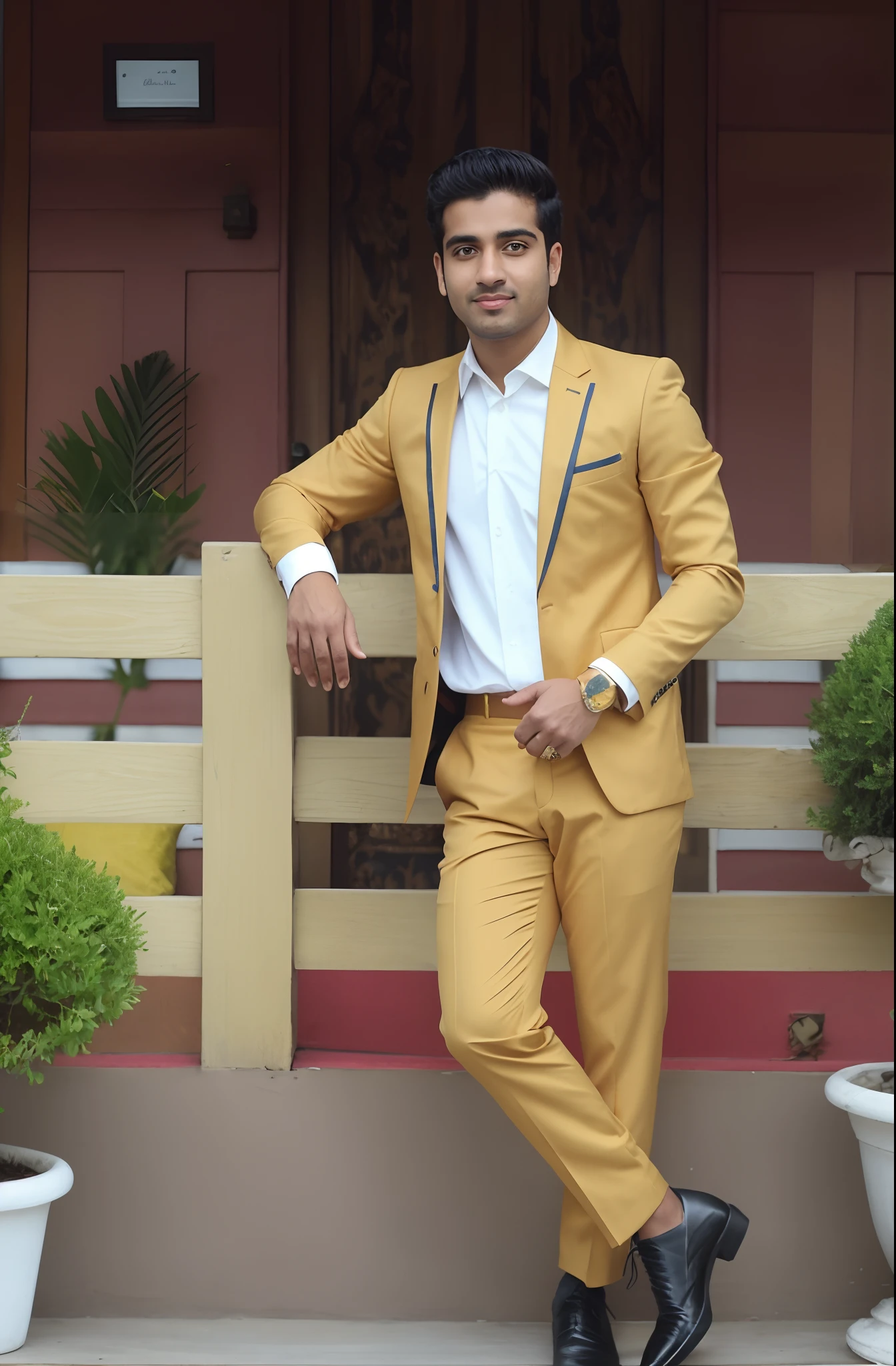 there is a man in a yellow suit standing on a porch, wearing a colorful men's suit, formal attire, full body photogenic shot, mohamed chahin style, nivanh chanthara, gold suit, in style of lam manh, suit, wearing fashion suit, in a gold suit, with yellow cloths, wearing suit, mohamed chahinberpunk