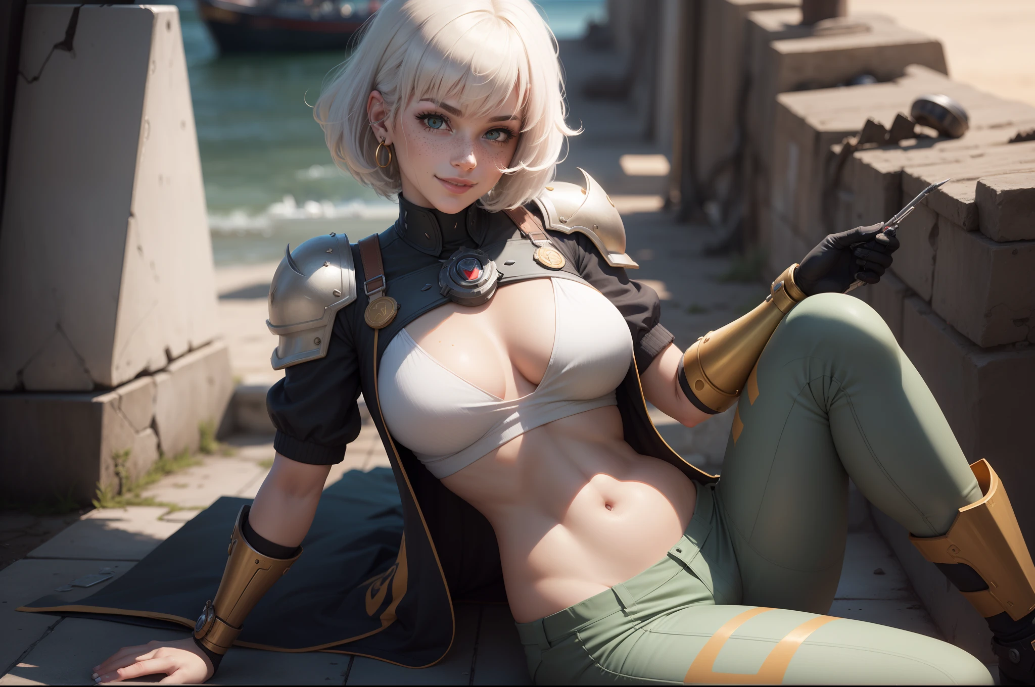gwen tennyson,y'shtola rhul,tracer,yorha 2b,1girl,atelier ryza,overwatch,close up, mecha pilot,harbor view,tattoos,blue and orange plugsuit,white short sleeve silk top,light gray cargo pants,uncovered belly,saiyan hair,cute makeup,green eyes,dimensional golden hair,shy smile, freckles,beautiful girl,large breasts, ultra detailed,realistic,fantasy art,saiyan armor,cyborg armor,steel armor,harbor shore,military uniform,ear piercings,hair pin,super saiyan girl,saiyan female,