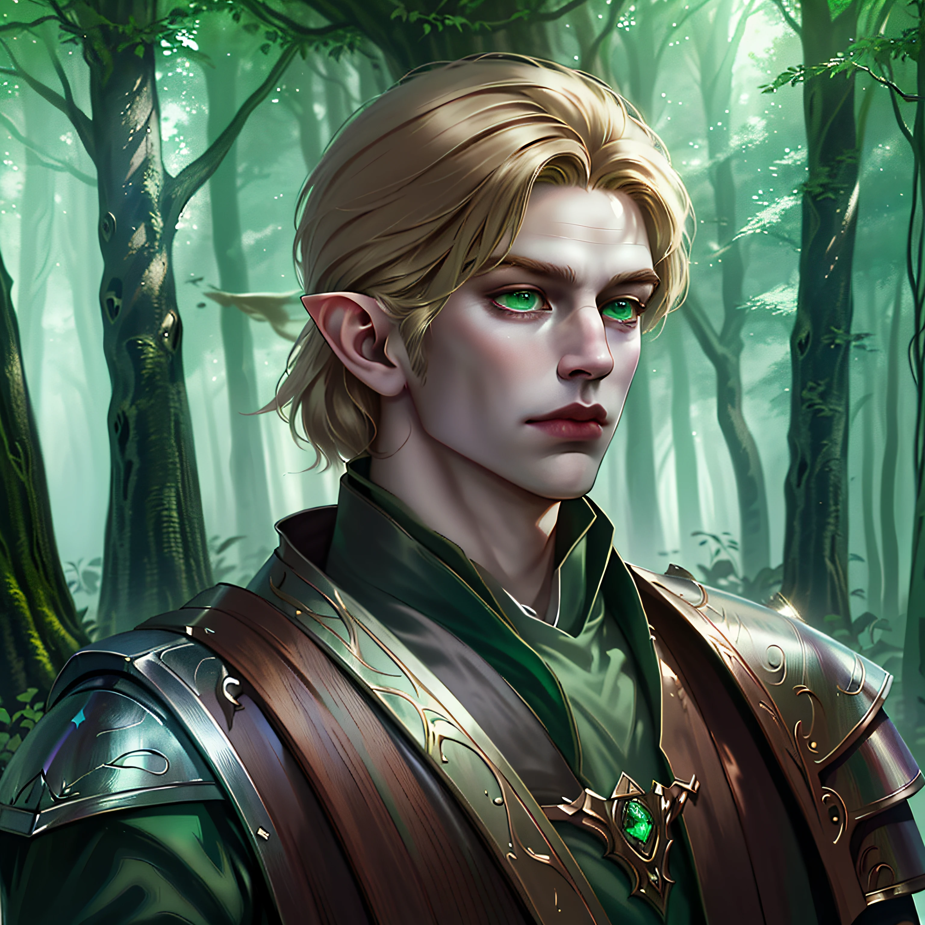 Elf man, masculine, portrait, character art, digital painting, dark wood forest, (Green eyes:1.3), [Blonde Hair:1.4], [Wooden Armour], [Magic], [Godrays:1.2] [[UHD]], [HD], [DND Style:1.5], (Singular man)