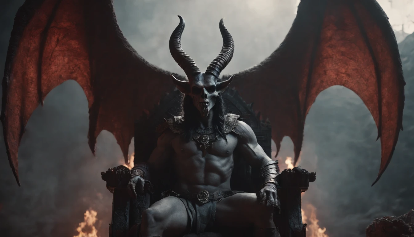 Baphomet with bat wings sitting on his throne in hell with bloody ground