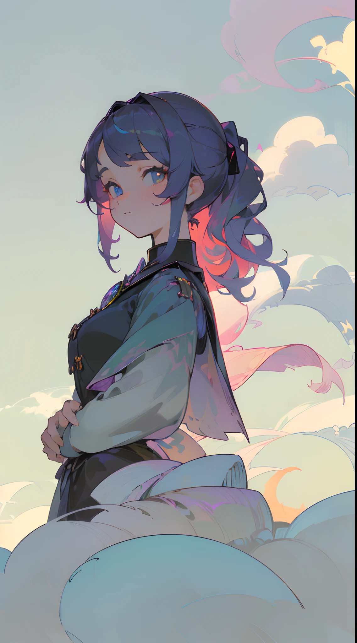 (Masterpiece, Best Quality, Detailed, Beautiful:1.2), (Perfect Sketch, detailed clothes, A detailed eye), Krenz Kchart Style, Alphonse Mucha's style, (1girl), 独奏, (looking to his left), Dressed as a Norse goddess, (Portrait, shot from the side), Lots of colors in the frame, ((tmasterpiece)), (((beste-Qualit))), ((ultradetailed)), ((illustartion)),[The light effect of realism], eye shadow,(fantasy style),(whitebackground:1.6), Simple background, illustartion, 1 girl, sly look, Majestic view (multi-colored hair, Hair gradient, Hair color from blue to peach, without bangs, ((Side bangs)), curly curl on the cheek, hairstyle: high ponytail, long tail), The eyes are crimson-red, Environment change scene, (The hair is surrounded by the bursts of the galaxy),))):((Her hair turns into galactic clouds,:1.27628), The Moon in the Night, Stars, wide eyes, Lashes, side glance, Crystal hair, Glowing Hair, shirt with collar, galaxy, Additional lighting, luna, bright stars, multicolored galaxy