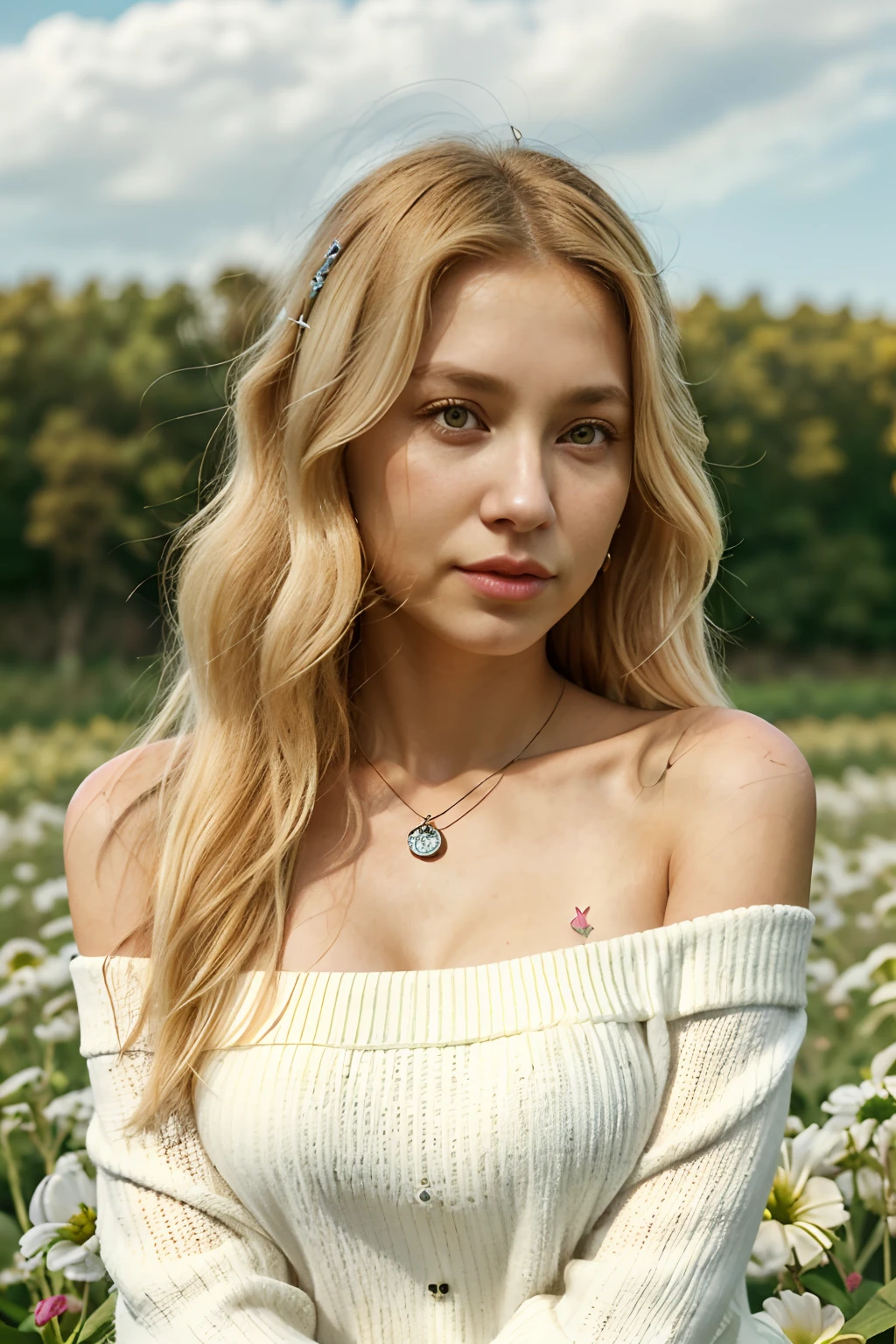 1 girl 38 years old, Orus, Long hair, pectorals, looking a viewer, blonde hair, bare shoulders, Brown eyes, Jewelry, necklace, off-shoulder, sweater, lips, Realistic, On a flower field