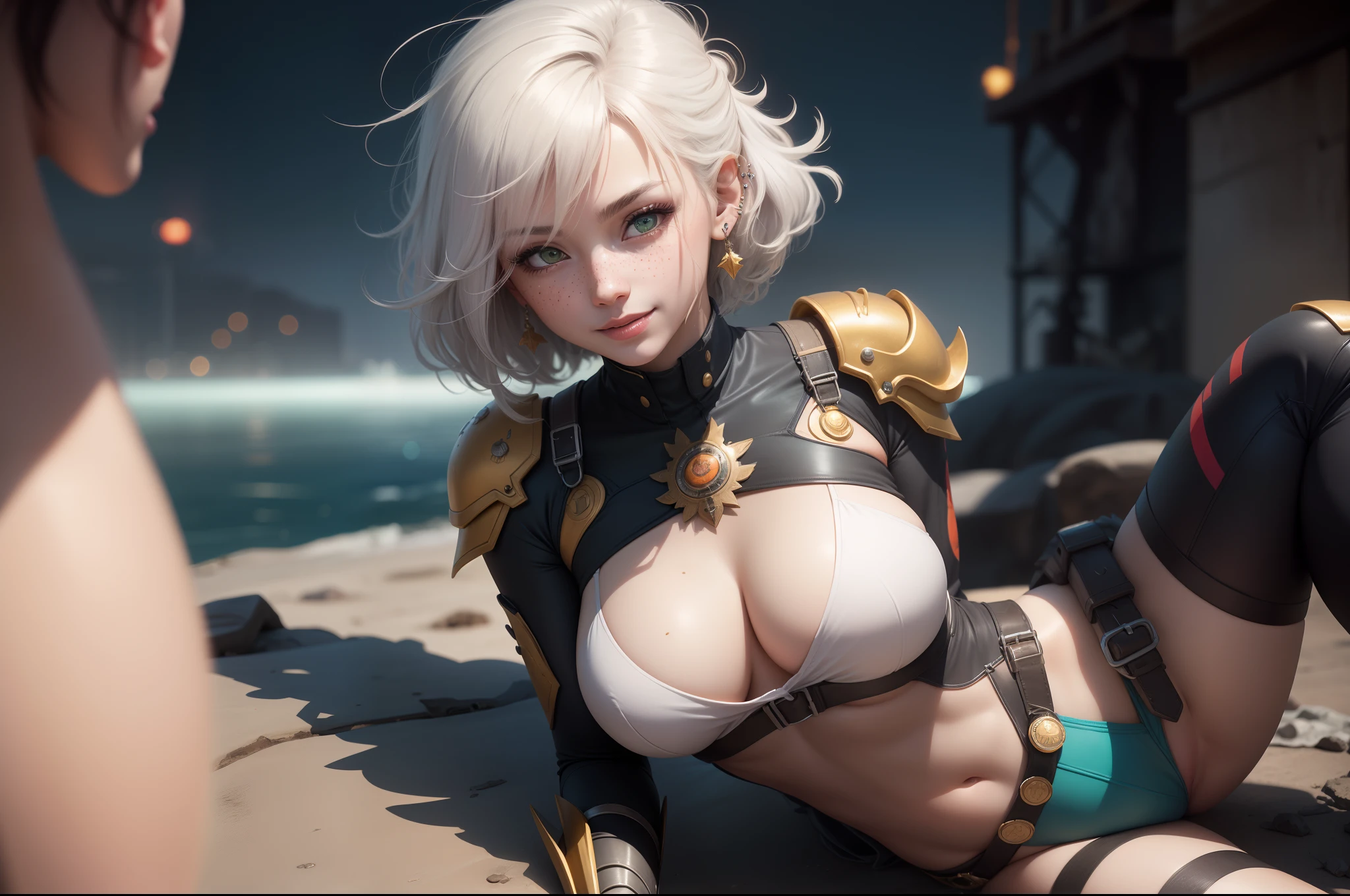gwen tennyson,y'shtola rhul,tracer,yorha 2b,1girl,atelier ryza,overwatch,close up, mecha pilot,harbor view,tattoos,blue and orange plugsuit,white short sleeve silk top,light gray cargo pants,uncovered belly,saiyan hair,cute makeup,green eyes,dimensional golden hair,shy smile, freckles,beautiful girl,large breasts, ultra detailed,realistic,fantasy art,saiyan armor,cyborg armor,steel armor,harbor shore,military uniform,ear piercings,hair pin,super saiyan girl,saiyan female,