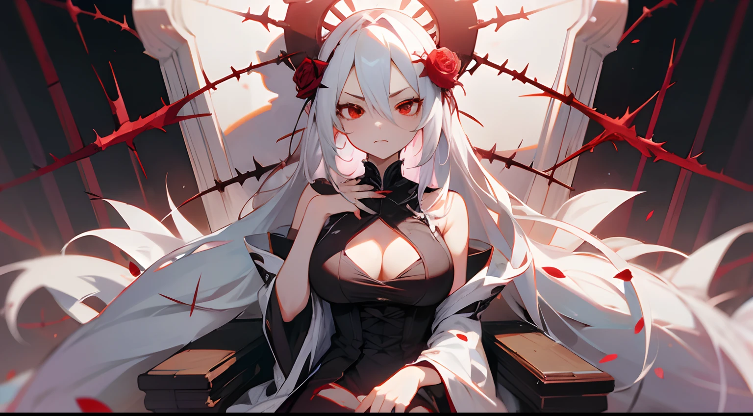 a throne,1个Giant Breast Girl,lots of roses,Thorns, red eyes,Fierce expression,White color hair,petals,Lateral face,The upper part of the body