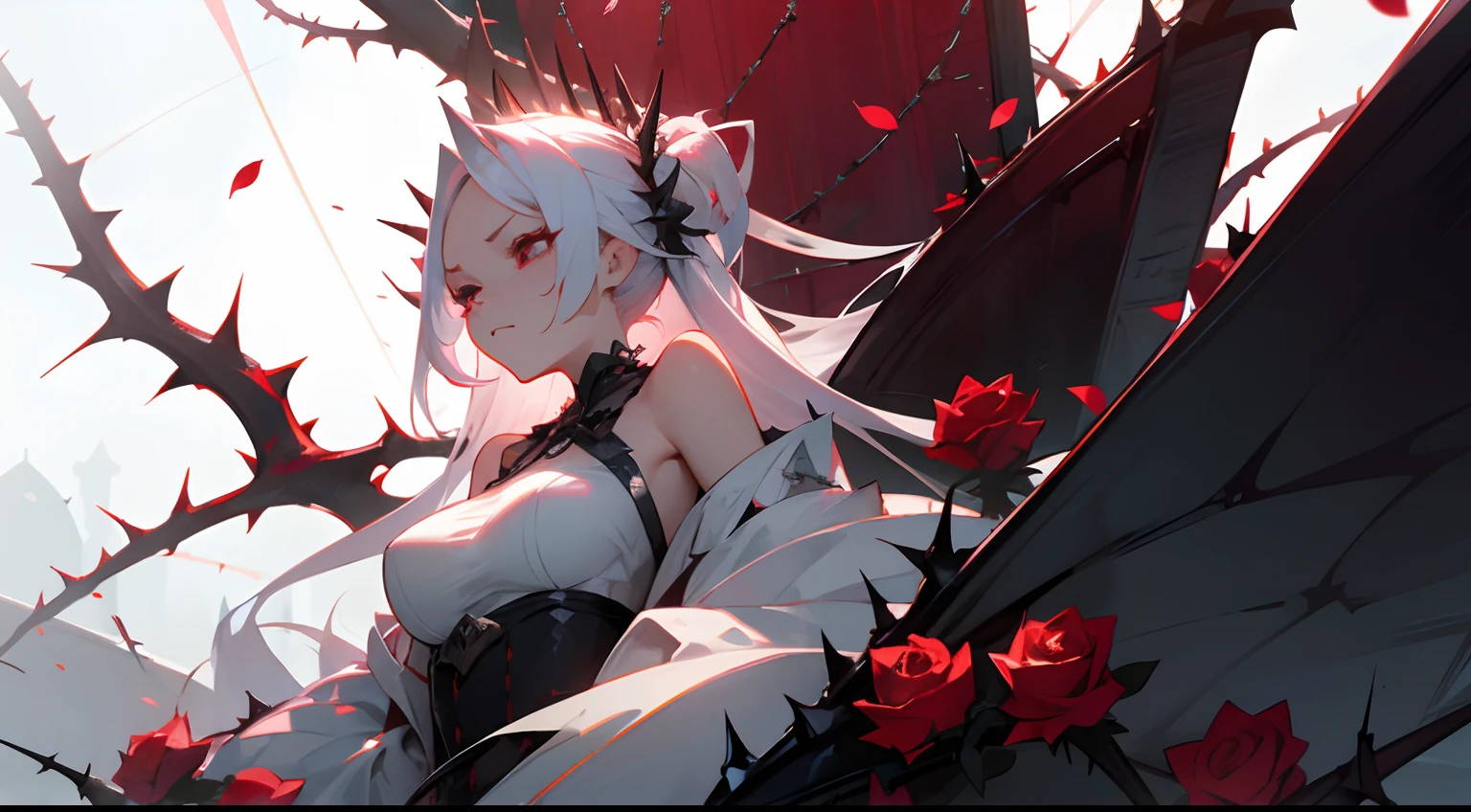 Best Picture Quality，femele，White hair and red eyes，S-shaped body，Wears black openwork underwear，spread their legs，Realistis ，The upper body is naked