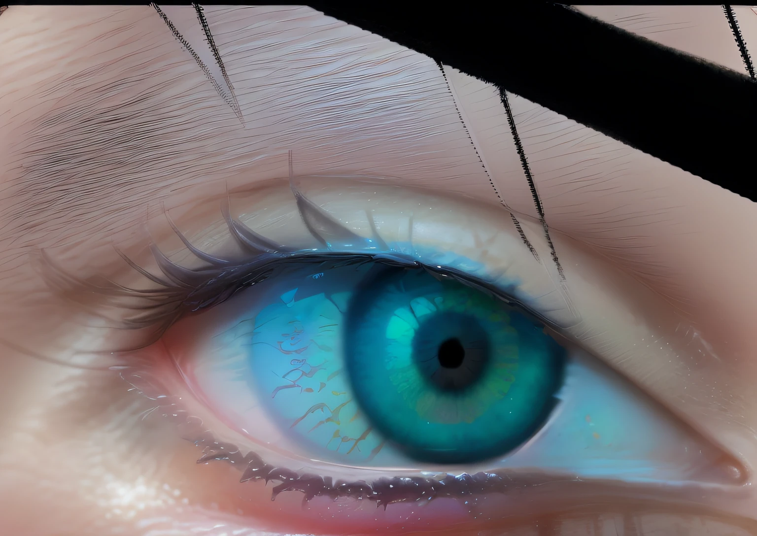 olho realista com um olho preto e um olho rosa, grandes olhos inclinados para baixo, posicionamento correto dos olhos, nenhuma mancha sobre o olho direito, terceiro olho no meio da testa, ponto laser entre os olhos, Olhos enormes inclinados para baixo, terceiro olho no meio da testa, Various eyelid positions, Eyelids, branco ao redor do olho direito, olho realista, sobrancelha realista, textura de pele realista, pele clara com tons rosados, foto de olho de mulher, olho bonito, imagem realista de alta qualidade, imagem nitida de alta qualidade, nitidez de imagem de olho realista, imagem com nitidez perfeita de alta qualidade 4k ultra, melhor qualidade de imagem, super nitido, (((imagem nitida)))