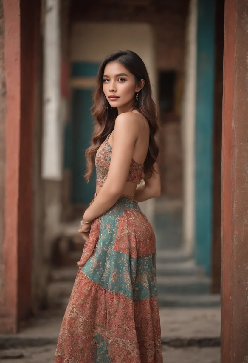 wide angle, camera- full length shot,  Best quality, masterpiece, very high resolution,  a beautiful indonesian woman, 20 years old, in colorful bohemian style clothing, with tattoos, walking and posing, professional model,  next the wall, the wall made of colorful wood , cinematic grading, cinematic retro grading ,  realistic detail,  high detail,  high resolution,  low contrast, depth blur, bokeh,