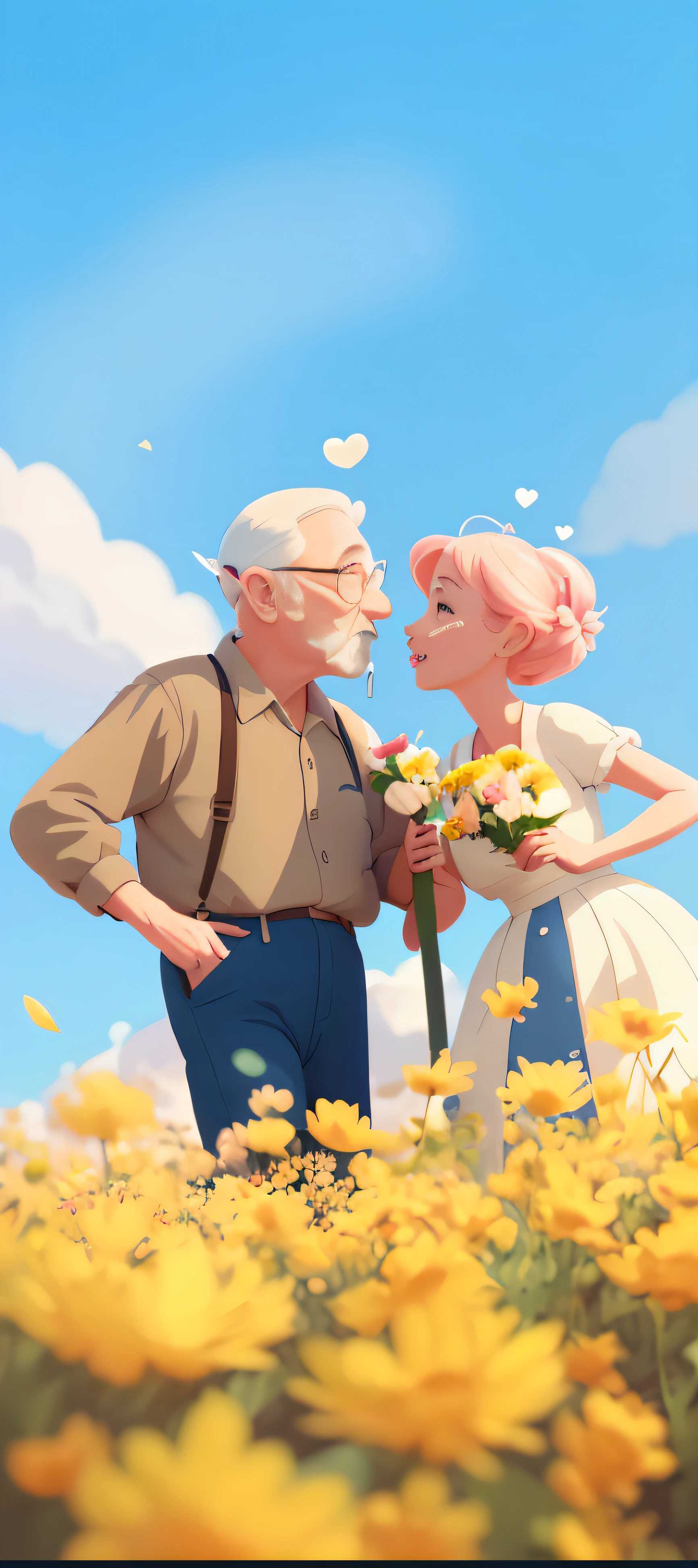 Cartoon elderly couple kissing each other in a flower field, pinkdress,Blue denim top,concept art of love, Animated Movies, digital cartoon painting art, Animated Movies, atey ghailan 8 k, animated movie still, cartoon digital painting, Cartoon concept art, style of disney animation