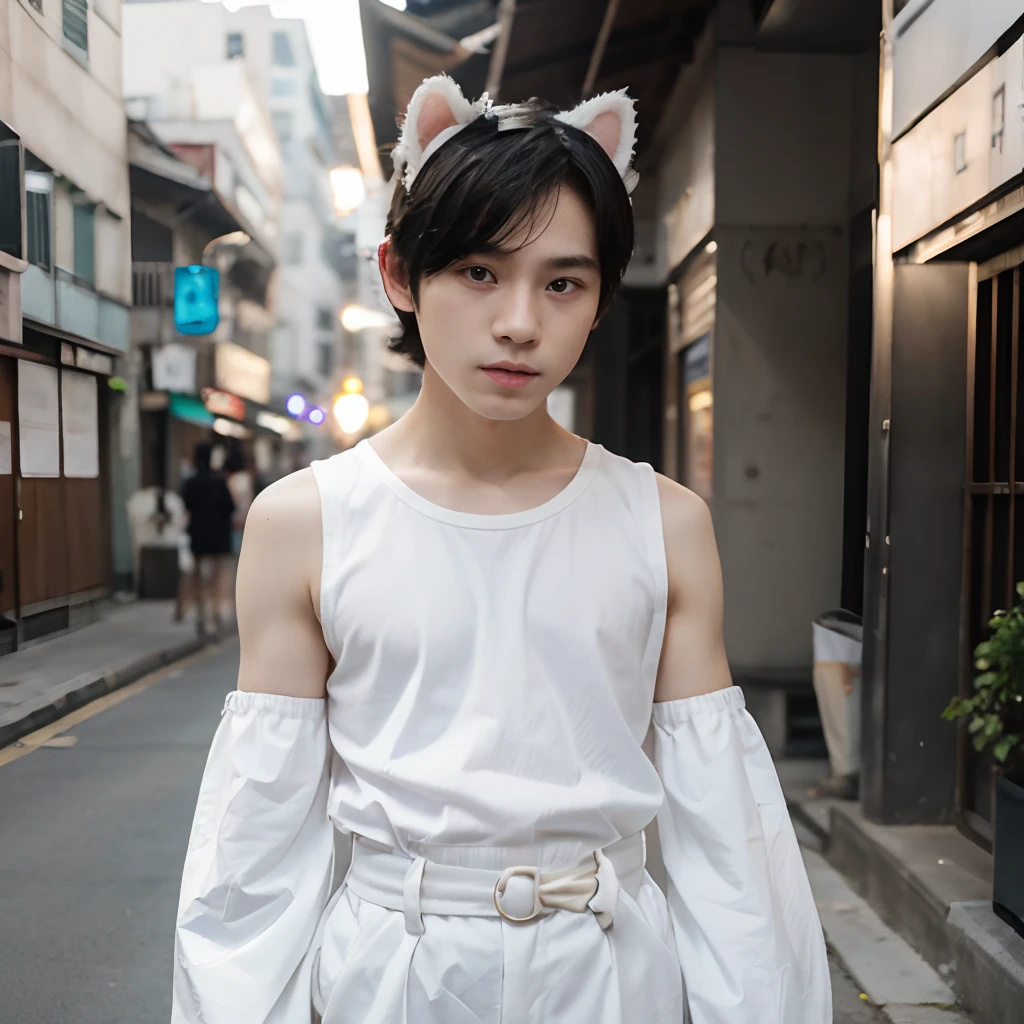 1boy, _boy, cute, baby_fachite_, absurdres, animal_ears, black_hair, detached_sleeves, distr, facial_mark, cat_ears, cute_korean, white_skin, pale_skin, pure_white_skin,cute_face, cute_boy, korean_boy white_pale_skin, minipant, brown_eyes, small_lips, solo, standing, tail, full_body, perfect_face