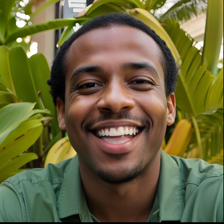 smiling man in green shirt with a banana in his hand, taken in the early 2020s, headshot profile picture, riyahd cassiem, profile picture, brown skin man with a giant grin, rodney matthew, headshot photo, album photo, taken in the late 2010s, alphonse muca, avatar for website