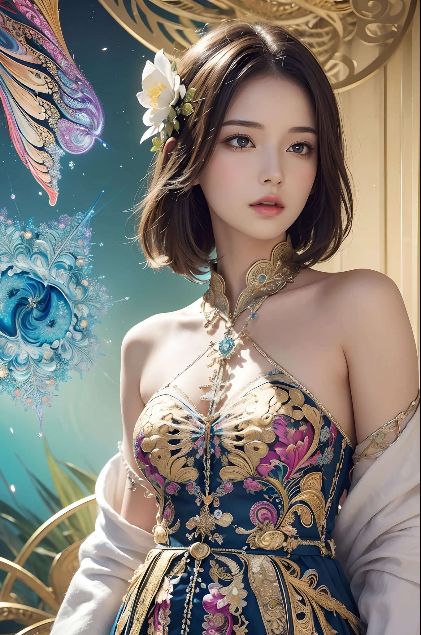 (Masterpiece, Highest quality, best quality, official art, beautiful and beautiful:1.2), (1 girl),upper body, very detailed,(fractal art:1.3),colorful,Maximum details, Beautiful smile, plump, chestnut-shaped lips, fit, Show your shoulders., Seeing the abdomen,