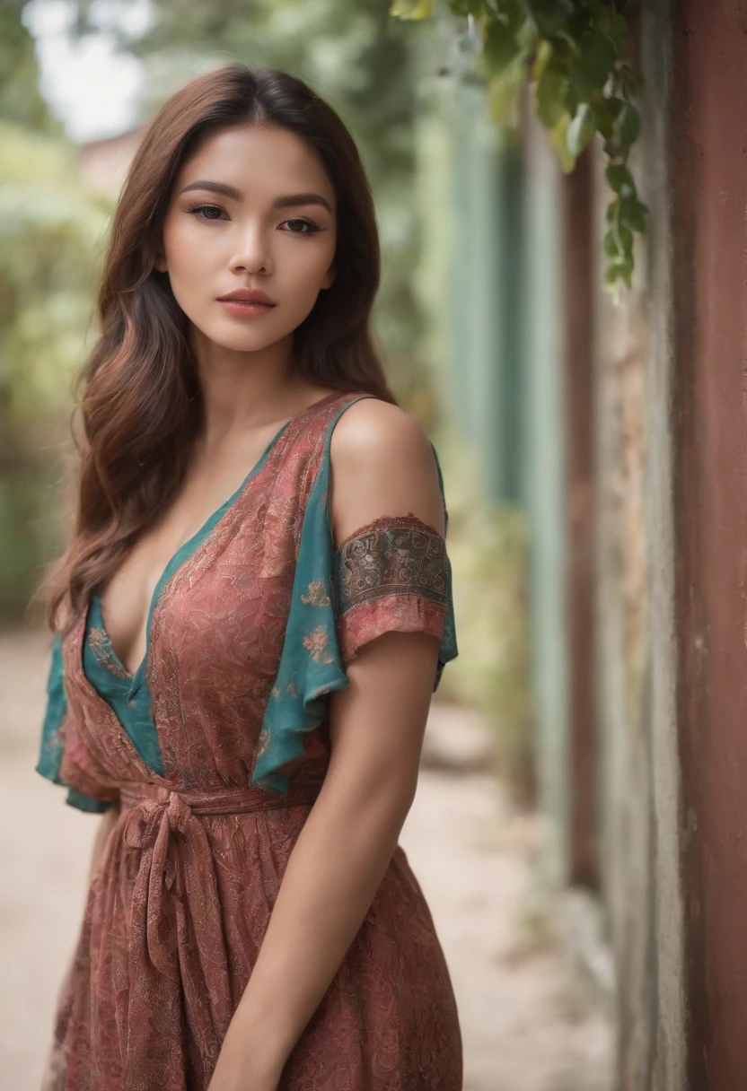 wide angle, camera- full length shot,  Best quality, masterpiece, very high resolution,  a beautiful indonesian woman, 20 years old, in colorful bohemian style clothing, with tattoos, walking and posing, professional model,  next the wall, the wall made of colorful wood , cinematic grading, cinematic retro grading ,  realistic detail,  high detail,  high resolution,  low contrast, depth blur, bokeh, sexy, open tits