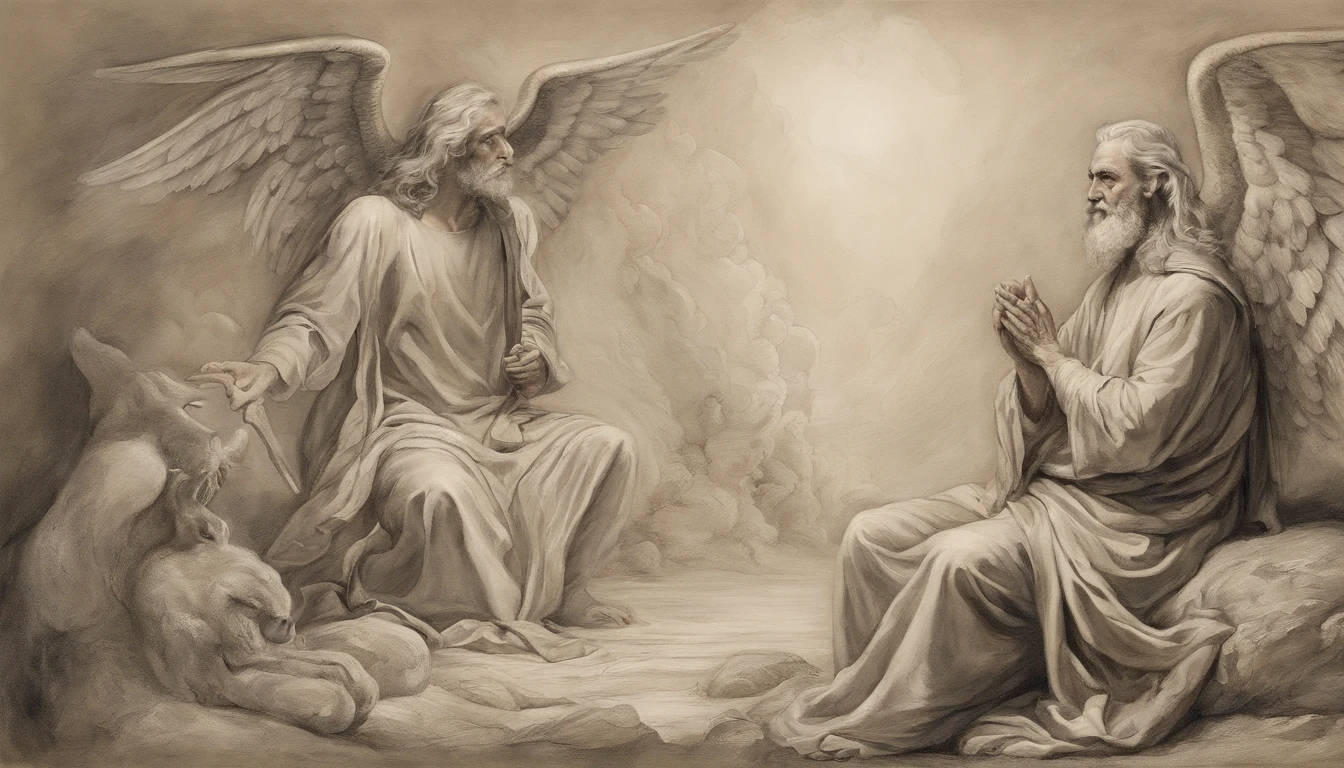 Painting of a man sitting in front of a demon with his hands out, jesus christ fighting lucifer, angel watching demon, anjo protegendo o homem, angels vs demons, angels and demons, anjo versus diabo, biblical accurate angel, para compreender o inferno ou ir angelical, O Anjo da Morte, diabo versus anjo, angels protecting a praying man, Amazing, Anjo no inferno