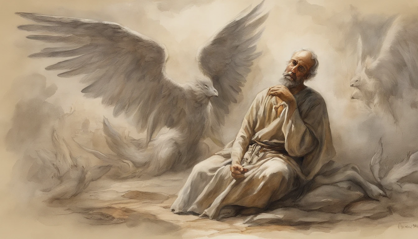 Painting of a man sitting in front of a demon with his hands out, jesus christ fighting lucifer, angel watching demon, anjo protegendo o homem, angels vs demons, angels and demons, anjo versus diabo, biblical accurate angel, para compreender o inferno ou ir angelical, O Anjo da Morte, diabo versus anjo, angels protecting a praying man, Amazing, Anjo no inferno