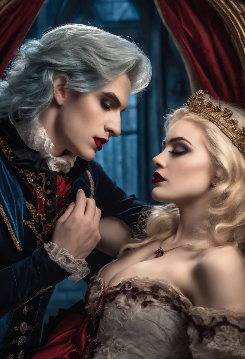 close up of a blue haired vampire boy biting blonde princess girl in a bed inside a gothic bedroom in an old gothic mansion, dracula style, gothic style, dark colours, dark ambience, halloween, black blue grey colours, princess pink costume outfit, gothic black vampire outfit, biting, blood, dark mansion, inside a coffin, angelic lighting from above, torso focused pciture