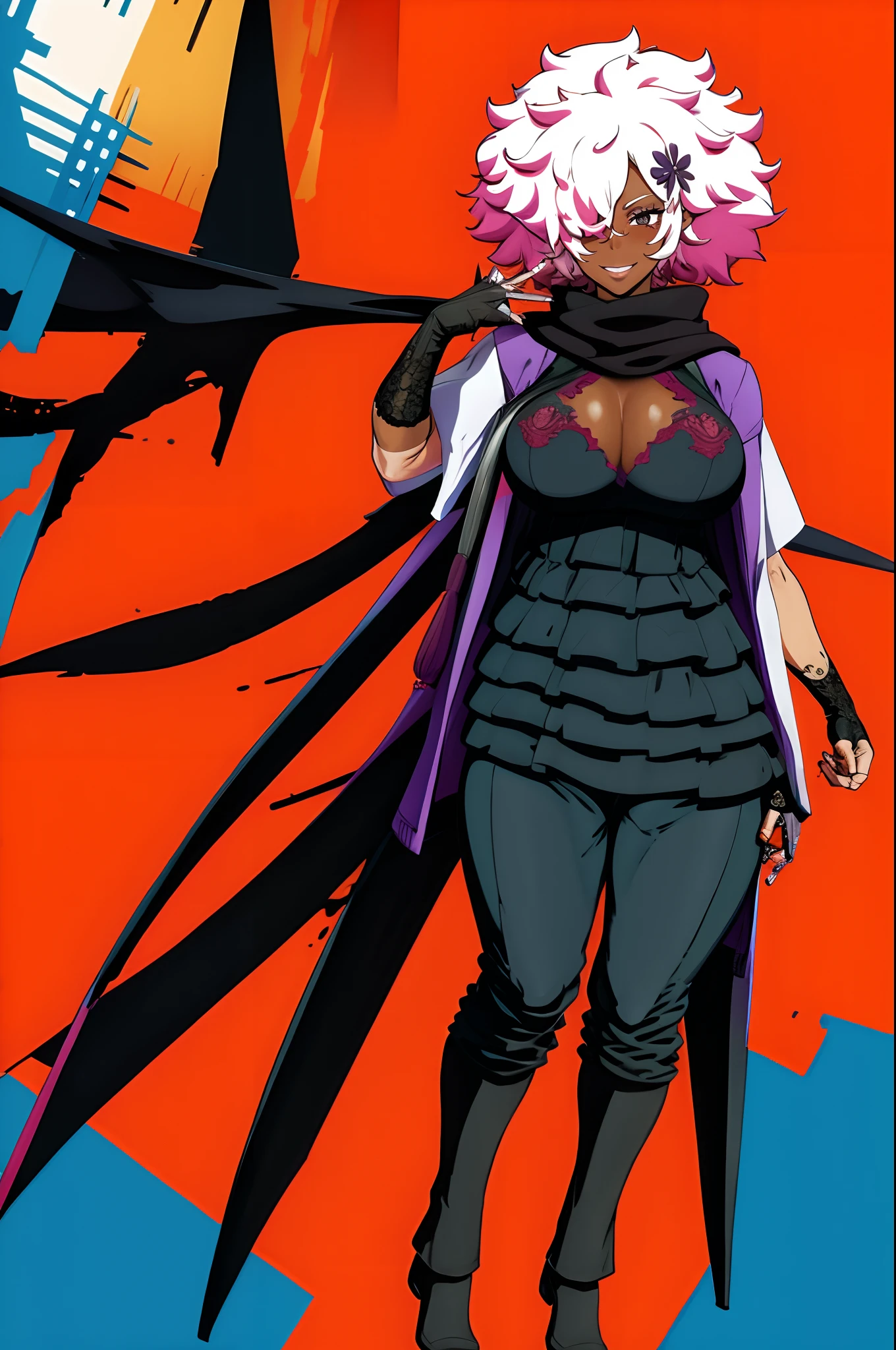masterpiece, highres, best quality, 1girl, solo, shinobu jacobs, white hair, (big hair, messy hair, afro:1.2), hair over one eye, thick eyelashes, dark skin, looking at viewer, large breasts, black dress, NMH2, lace, fingerless gloves, scarf,bimbo, huge breast, curvy, full body, pants, cloak,, boots, pullover, robe, smile,vest, robe,pants, standingpullover