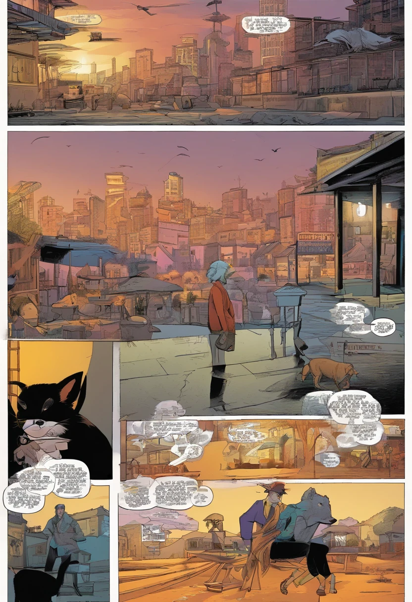 American comics with multiple panels, la trama preseta a un lobo fumando en la vanqueta de una plaza, mietras en las sombras aparece una gata coqueta de pelaje gris