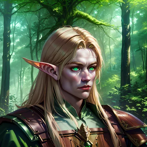 elf man, masculine, portrait, character art, digital painting, dark wood forest, (green eyes:1.3), [blonde hair:1.4], [wooden ar...