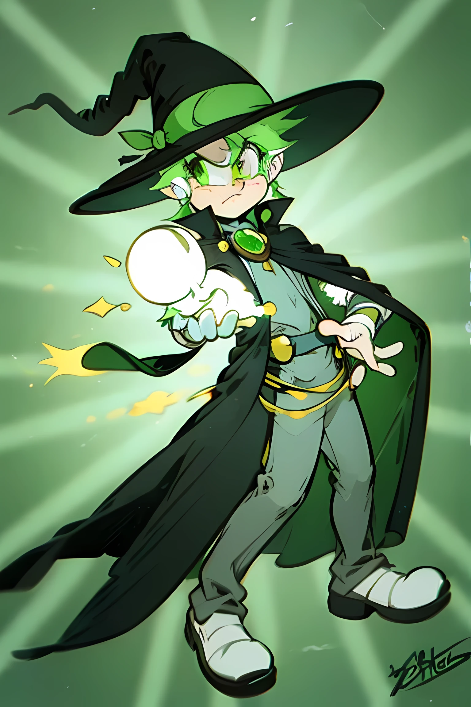 "Criar uma imagem de um bruxo de 25 anos. He wears a black cape and holds a magic wand in his right hand, from which emanates a magical spell of green color. His hair is white and he has emerald green eyes. He wears a black wizard hat. In the background is a burning castle. Make sure the character is clearly identified as male."