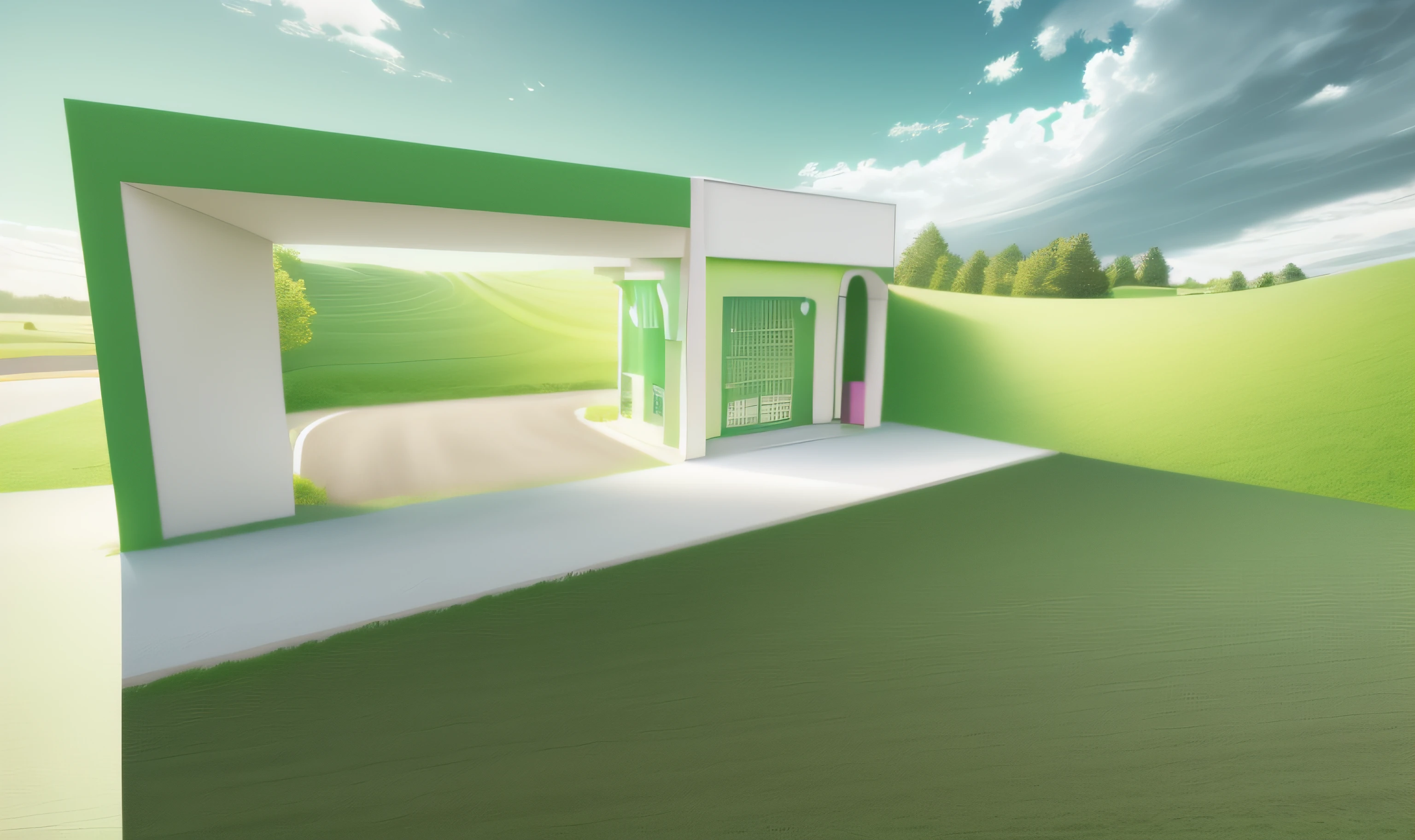 3D the coffee shop green style, pastel doors, white pink wall, road, bend, tree, pole, white cloud, landscape, outdoor, green trees, epic composition, realistic lighting, high-definition detail, masterpiece, the best quality, (very detailed CG unified 8k wallpaper), --v6