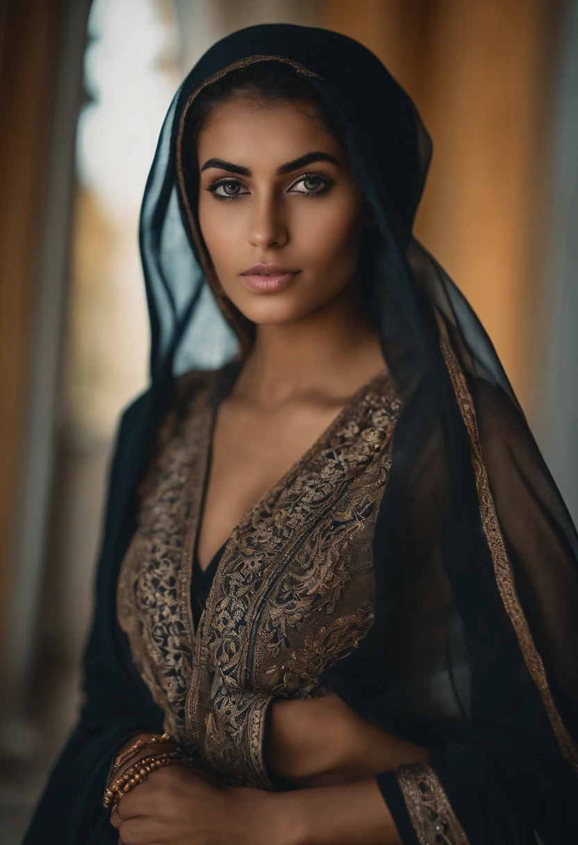 Woman in hijab. Wearing black color skin tight clothing. Clothing so tight it is like a part of the skin