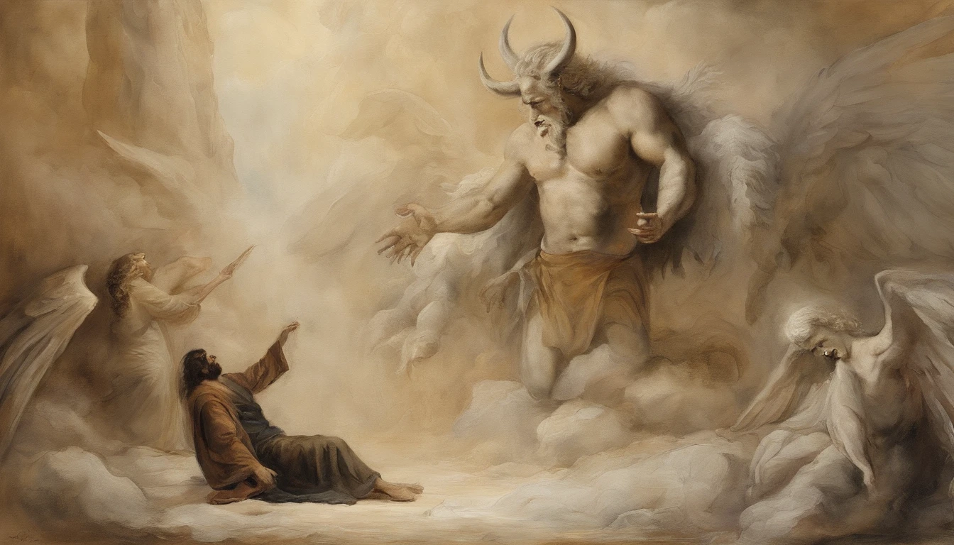 Painting of a man sitting in front of a demon with his hands out, jesus christ fighting lucifer, angel watching demon, anjo protegendo o homem, angels vs demons, angels and demons, anjo versus diabo, biblical accurate angel, para compreender o inferno ou ir angelical, O Anjo da Morte, diabo versus anjo, angels protecting a praying man, Amazing, Anjo no inferno