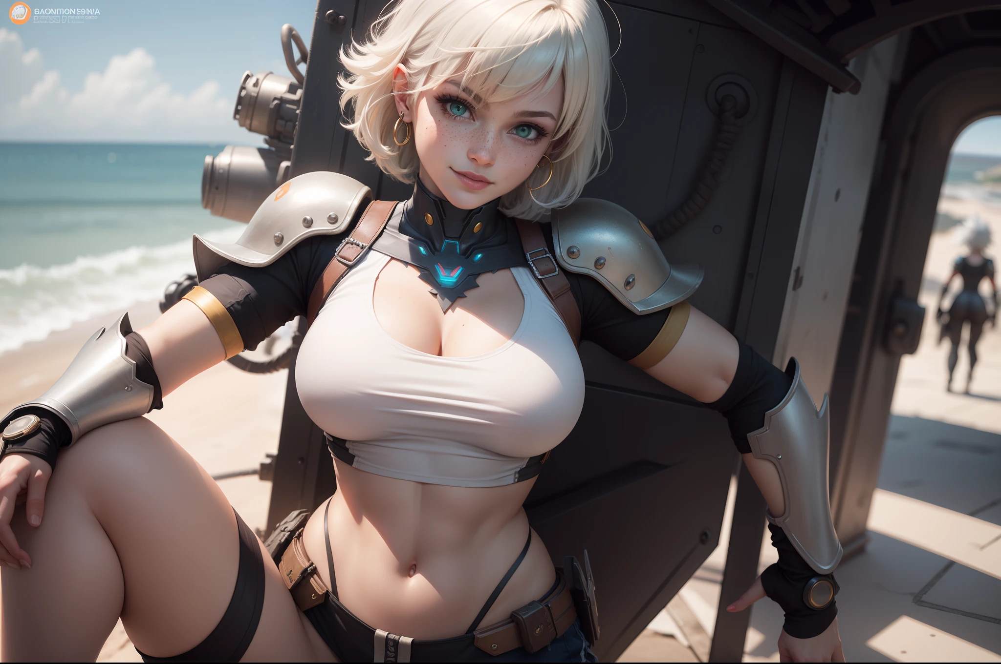 gwen tennyson,y'shtola rhul,tracer,yorha 2b,1girl,atelier ryza,overwatch,close up, mecha pilot,ocean view,tattoos,orange and silver plugsuit,white short sleeve lycra top,steel cargo pants,uncovered belly,short saiyan hair,cute makeup,green eyes,dimensional golden hair,shy smile,freckles,beautiful girl,large breasts,8k,ultra detailed,realistic,fantasy art,saiyan armor,cyborg armor,steel armor,harbor shore,military uniform,ear piercings,hair pin,super saiyan girl,saiyan female,