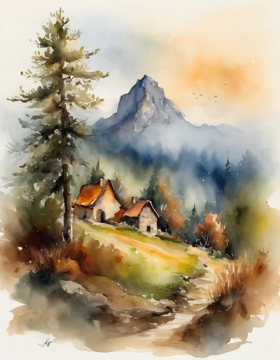 Weird craggy peaks,automnal,Il y a un ruisseau au pied de la montagne,Il y a des reflets dans le ruisseau,Village Cottage,And the cooking smoke rises,The pine tree has a peculiar shape,Se balancer avec le vent,Impressionnisme,Style de palette de couleurs,Vue iso-distance,watercolor paitage,surreal photo,Magical dream,Pixel-perfect,hyper HD,dans une vue panoramique,8k resolution,ultra grand angle,Vue lointaine,Peintures chinoises,Realstic,expressionnisme