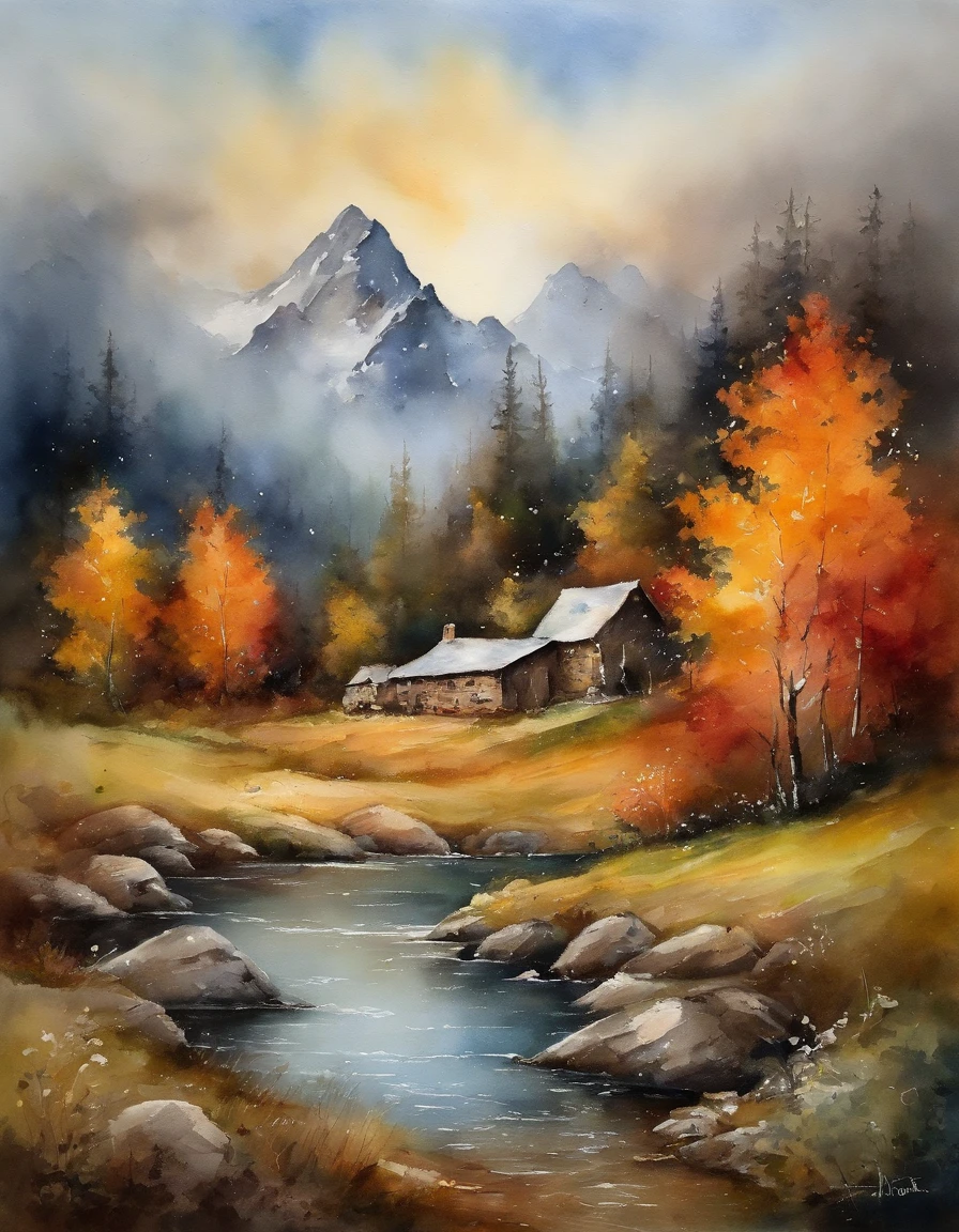 Weird craggy peaks，automnal，Il y a un ruisseau au pied de la montagne，Il y a des reflets dans le ruisseau,Village Cottage,And the cooking smoke rises，The pine tree has a peculiar shape，Se balancer avec le vent,Impressionnisme，Style de palette de couleurs，Vue iso-distance,watercolor paitage,surreal photo,Magical dream,Pixel-perfect,hyper HD,dans une vue panoramique,8k resolution,ultra grand angle,Vue lointaine,Peintures chinoises,Realstic,expressionnisme